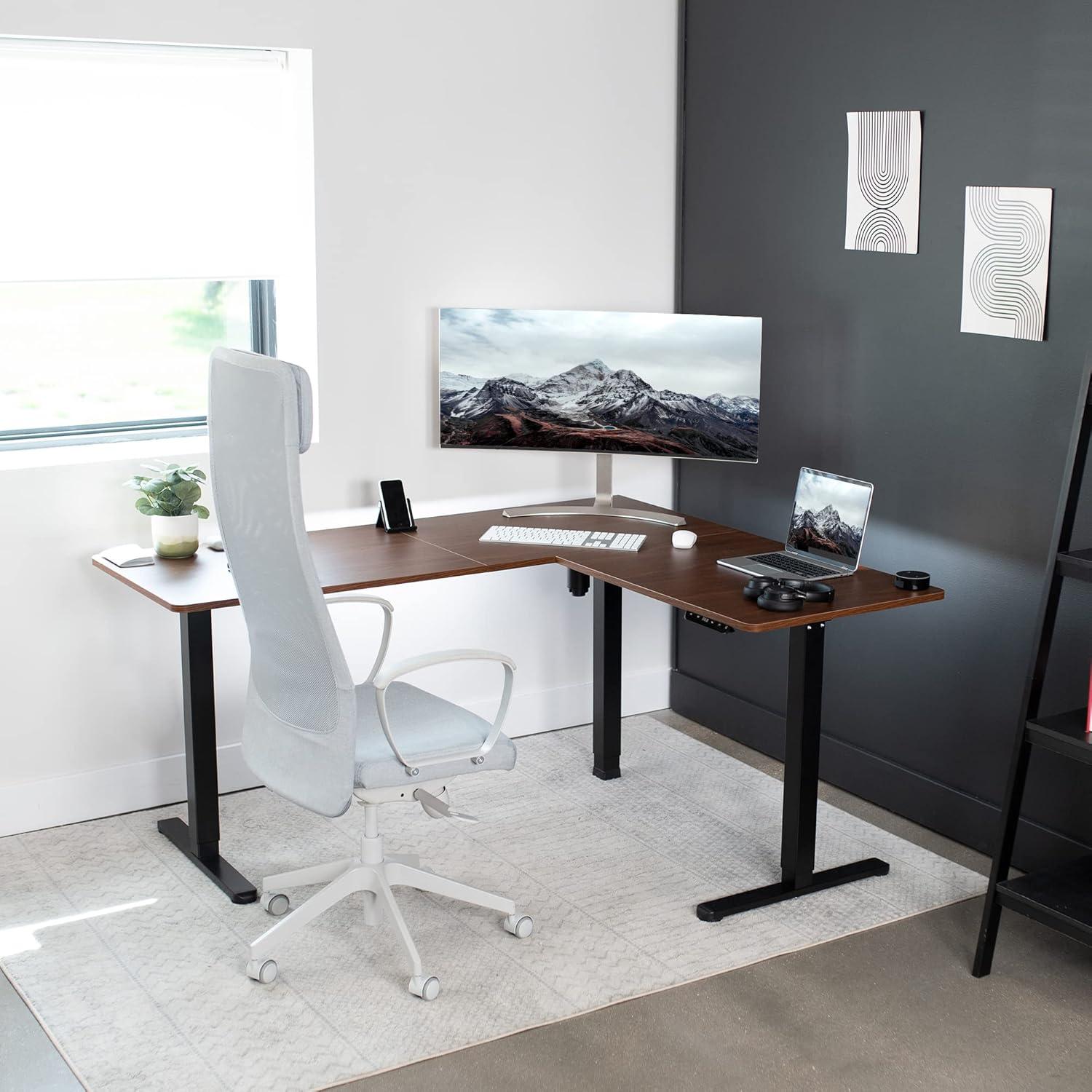 Dark Walnut and Black L-Shaped Adjustable Standing Desk with Keyboard Tray