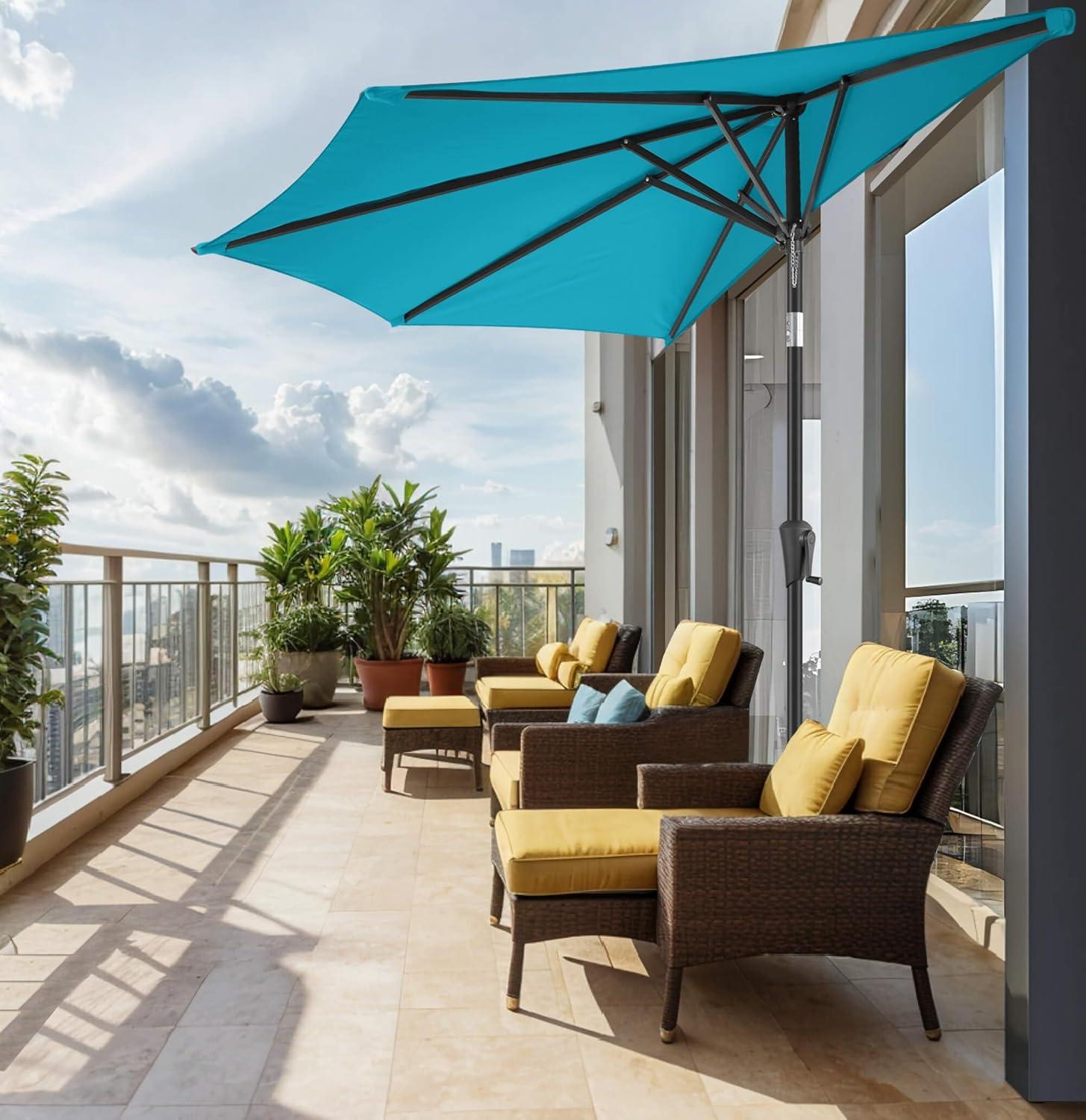 FLAME&SHADE 9 ft Half Round Solar Powered Outdoor Market Patio Table Umbrella for Wall Balcony with LED Lights and Tilt, Aqua Blue