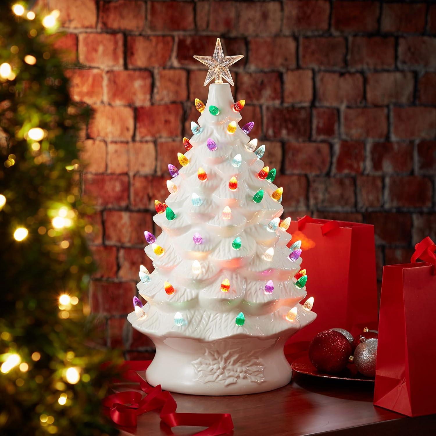 24" Hand Painted Ceramic Christmas Tree, Pre-Lit Tree with Star