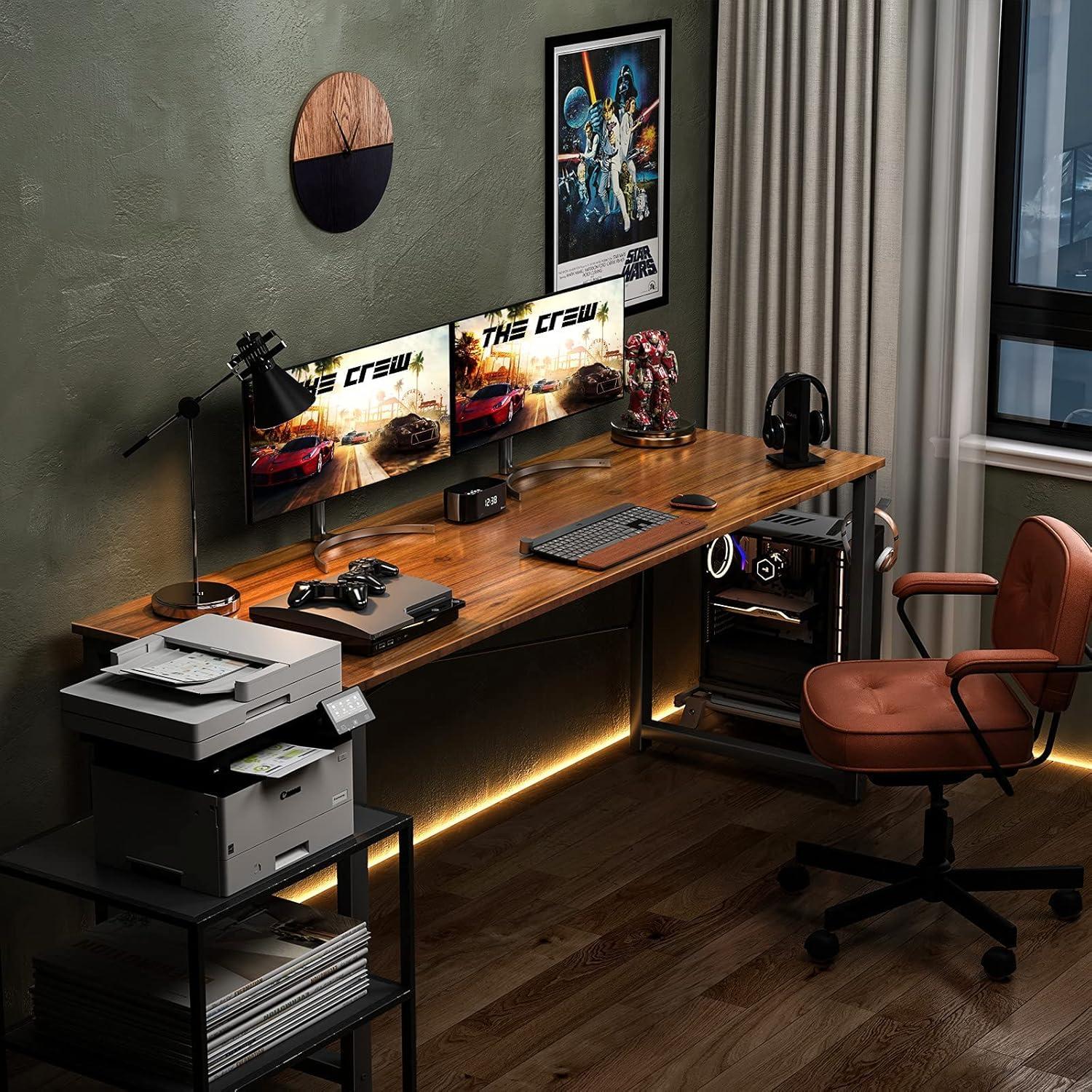 Deep Brown Rectangular Wood Computer Desk with Metal Frame