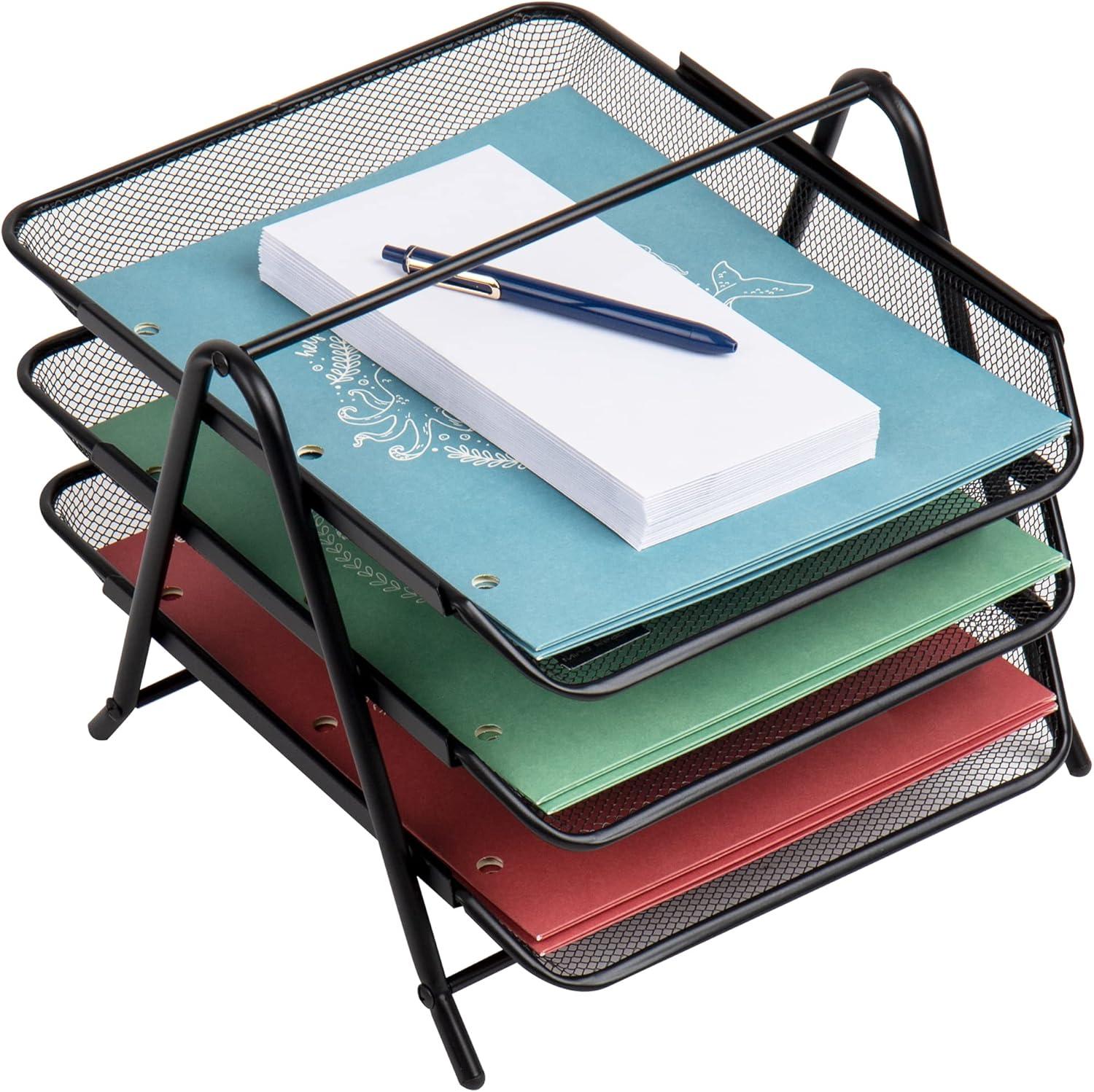 Black Steel Mesh 3-Tier Letter Tray Organizer