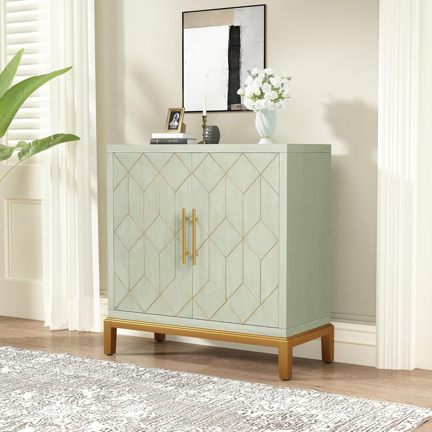 Green Wooden Accent Cabinet with Gold Geometric Lines and Solid Wood Legs