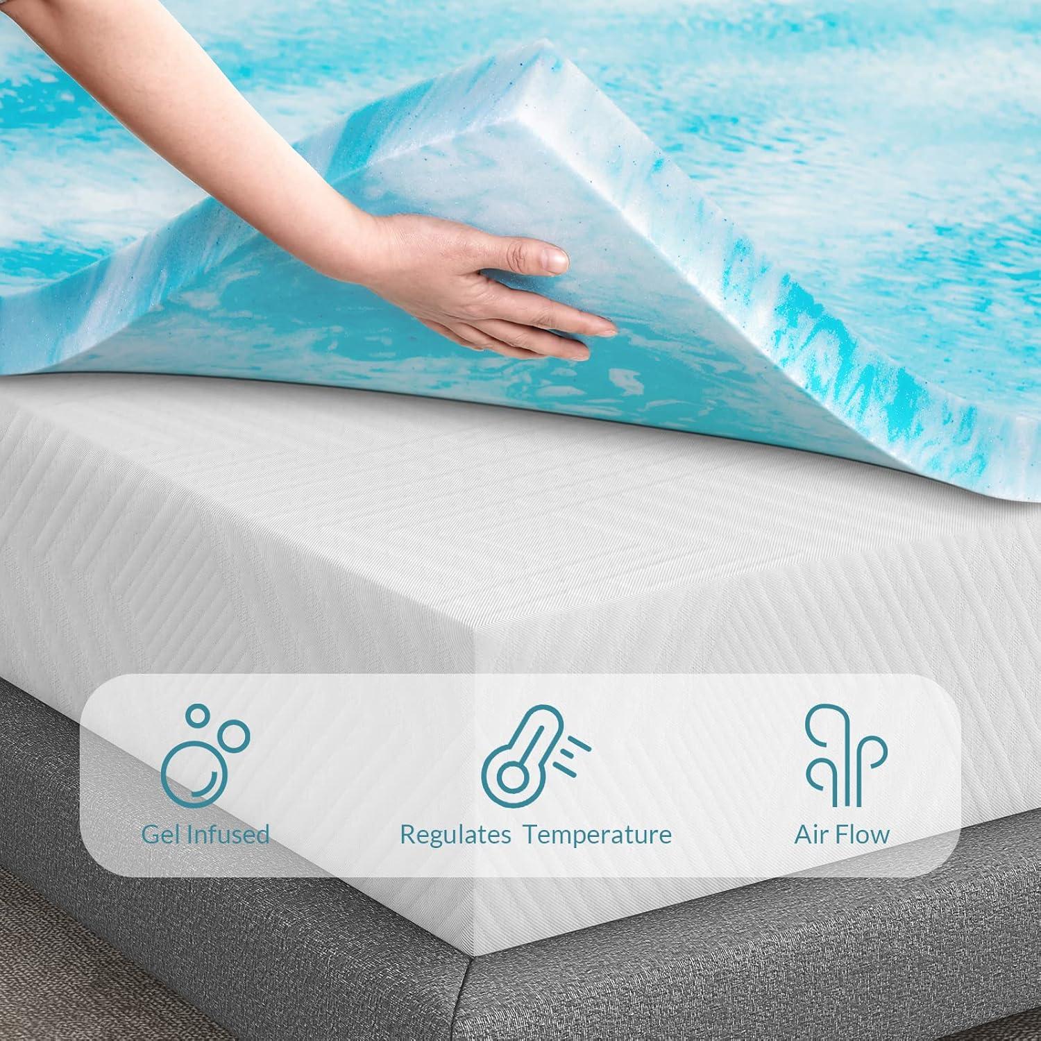 2 Inch Mattress Topper, Ventilated Gel Infusion Memory Foam Mattress Topper, Full, Blue