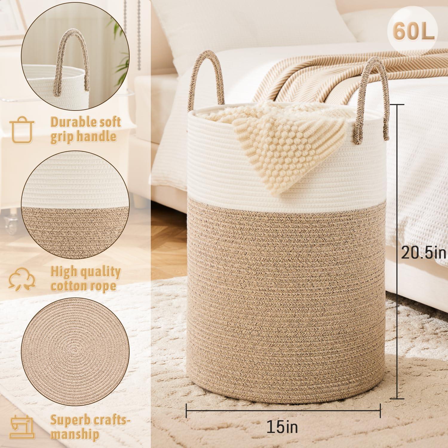 VCBAVC 60L  Laundry Hamper,Woven Cotton Rope Laundry Hamper  Handles,Large Capacity for Decorative Storage of Dirty Clothes,Toys and Blankets in Bathroom,Baby Room and Living Room