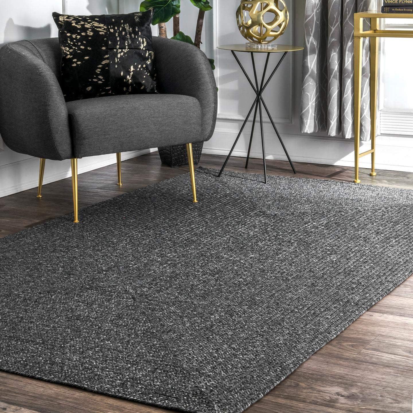 Charcoal Grey Braided 6' Square Synthetic Area Rug - Reversible and Easy Care