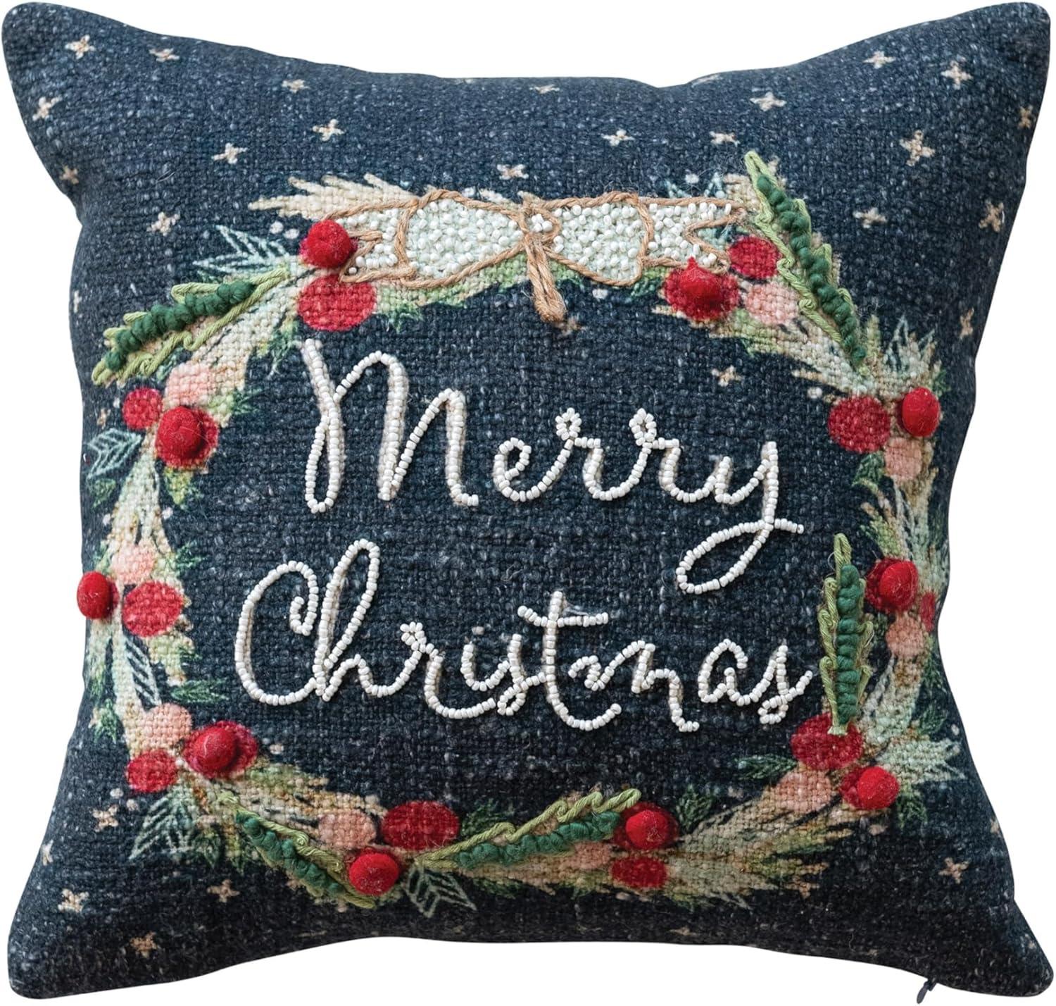 Multicolor Square Cotton Embroidered Christmas Pillow with Beads and Pom Poms