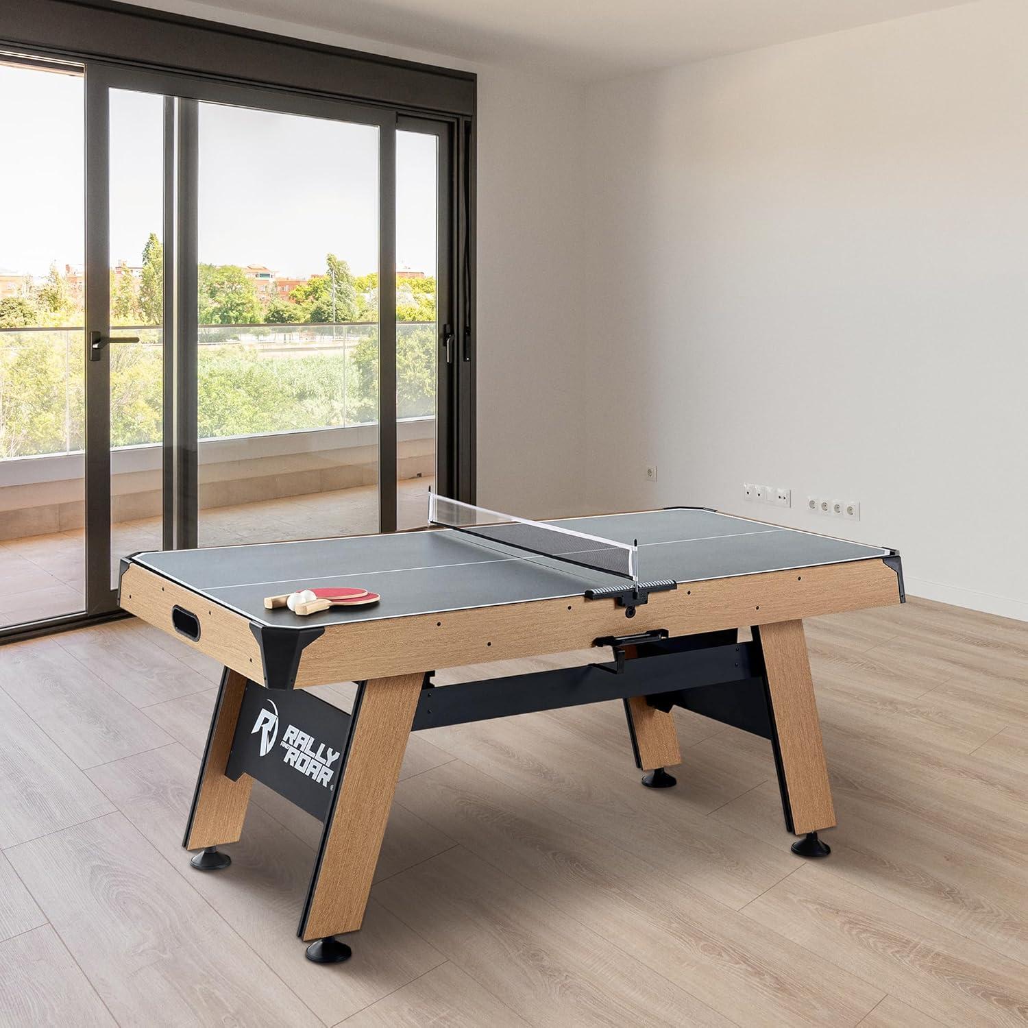 72-Inch Oak and Black Air Hockey Table with LED Scorer and Table Tennis Top