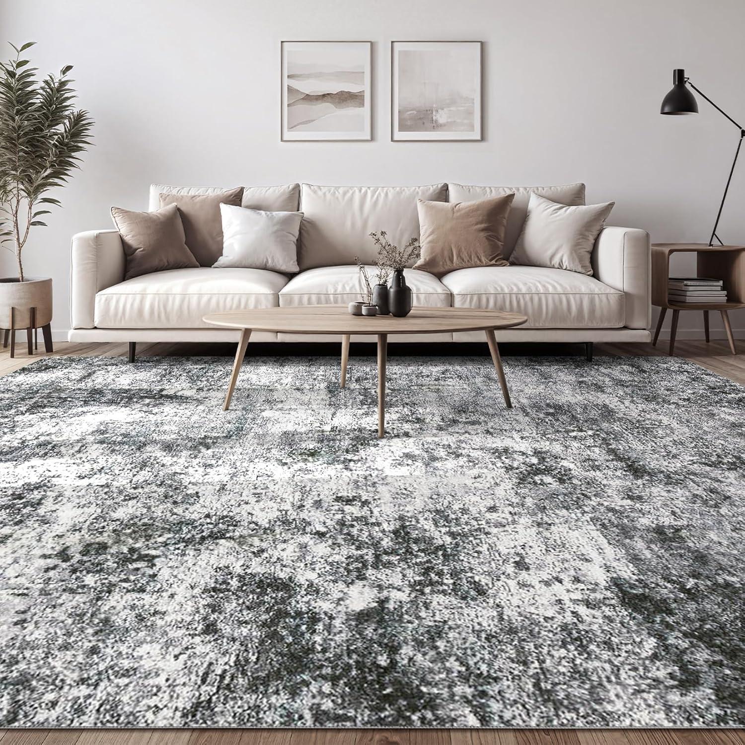 Gray Abstract Washable 9' x 12' Synthetic Area Rug