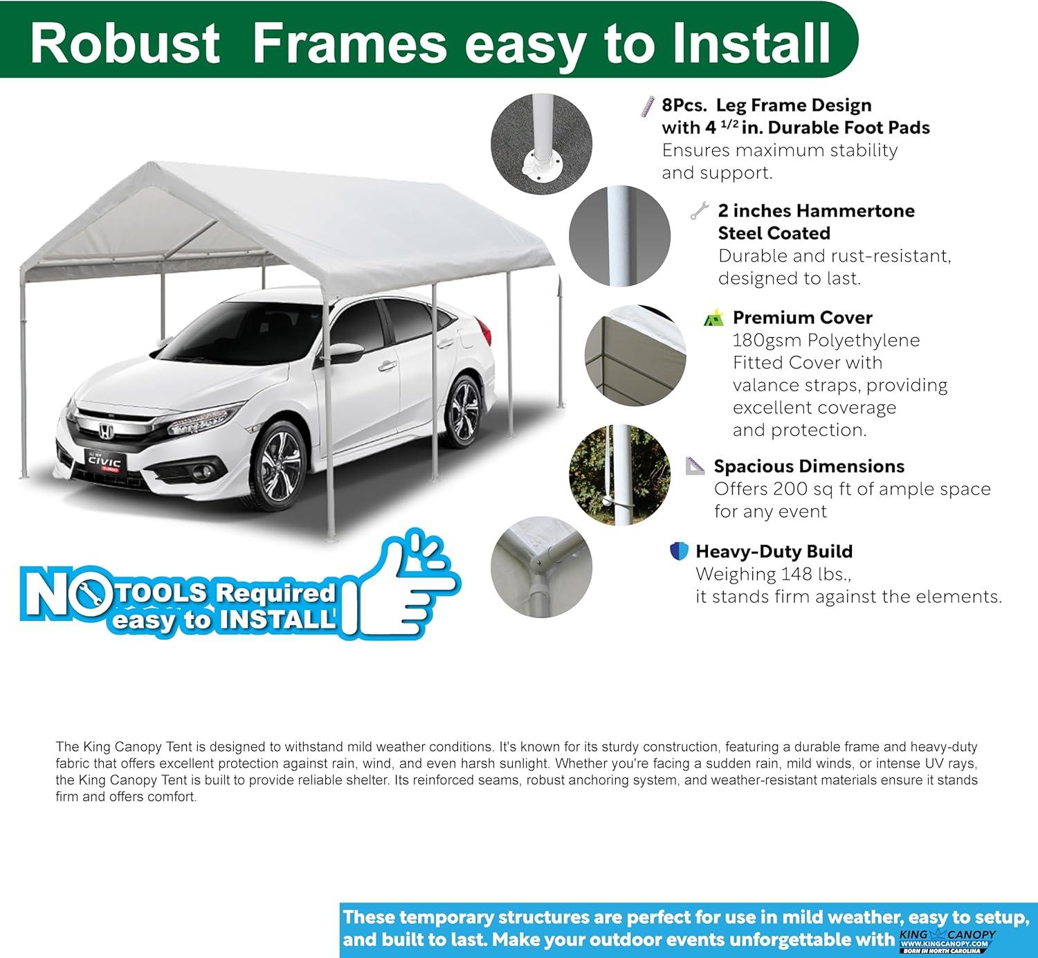 King Canopy Hercules 18ft x 27ft, 2-Inch Hammertone Steel Frame w/ buttons, 10-Leg Carport