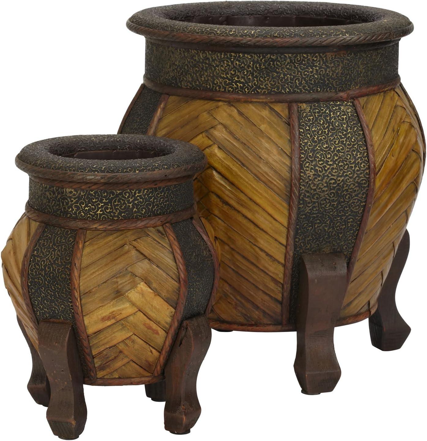 Rustic Multi-Textured Round Wooden Planters, Dark & Light Brown, Set of 2