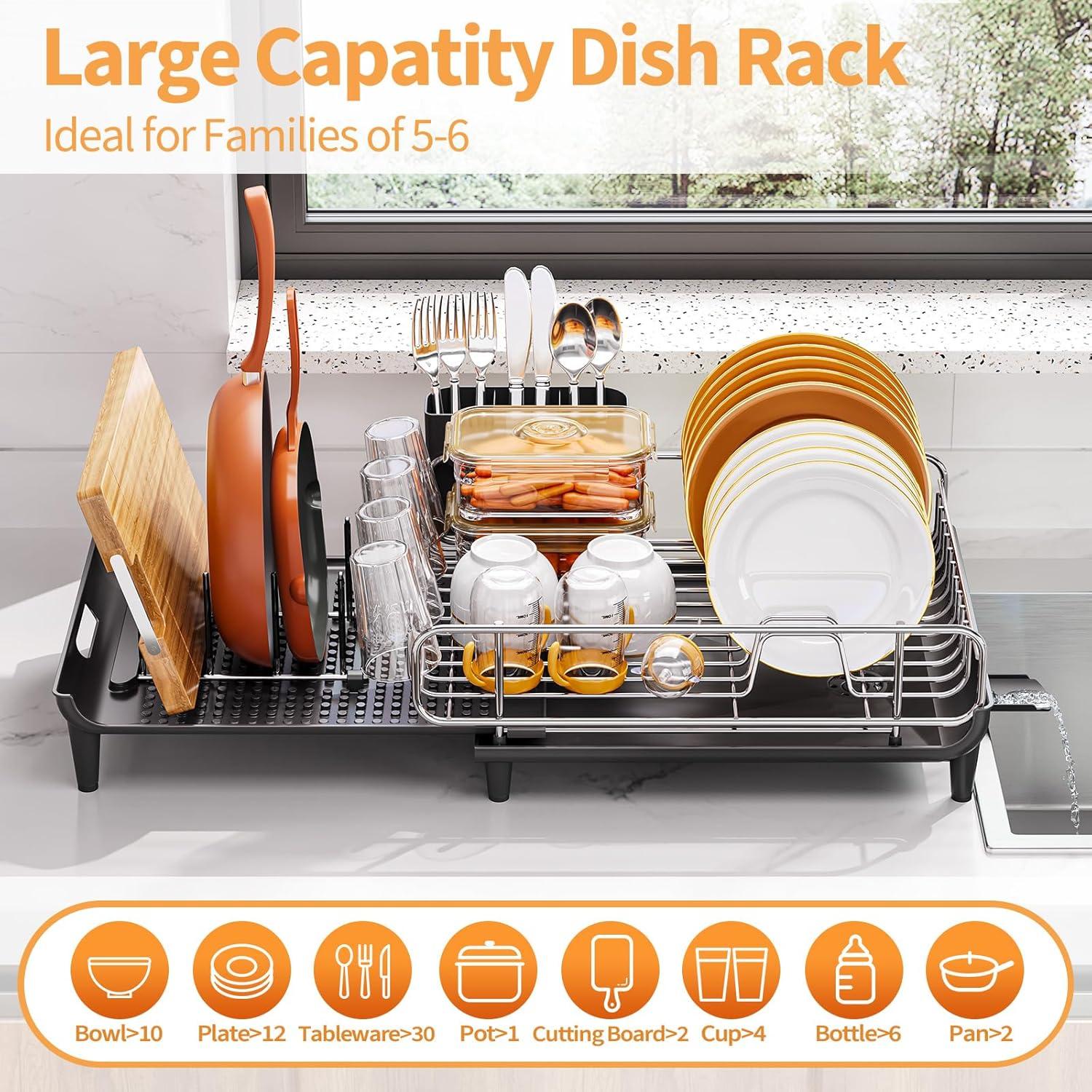 Expandable Dish Drying Rack for Kitchen Counter, 304 Stainless Steel Dish Rack, Multi-Function Dish Drainer, Large Dish Strainer with Cup Holder, Cutlery Holder, Extendable Large Size