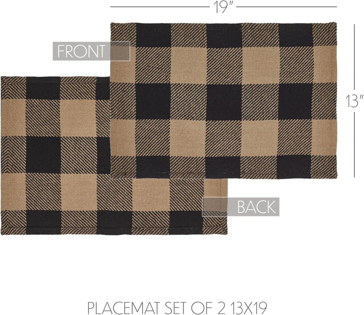 VHC Brands Placemat 13x19 Set of 2, Cotton Dining Room, Kitchen Placemat, Dining Table Placemats, Place Mat, Black Check Collection, Rectangle 13x19, Country Black