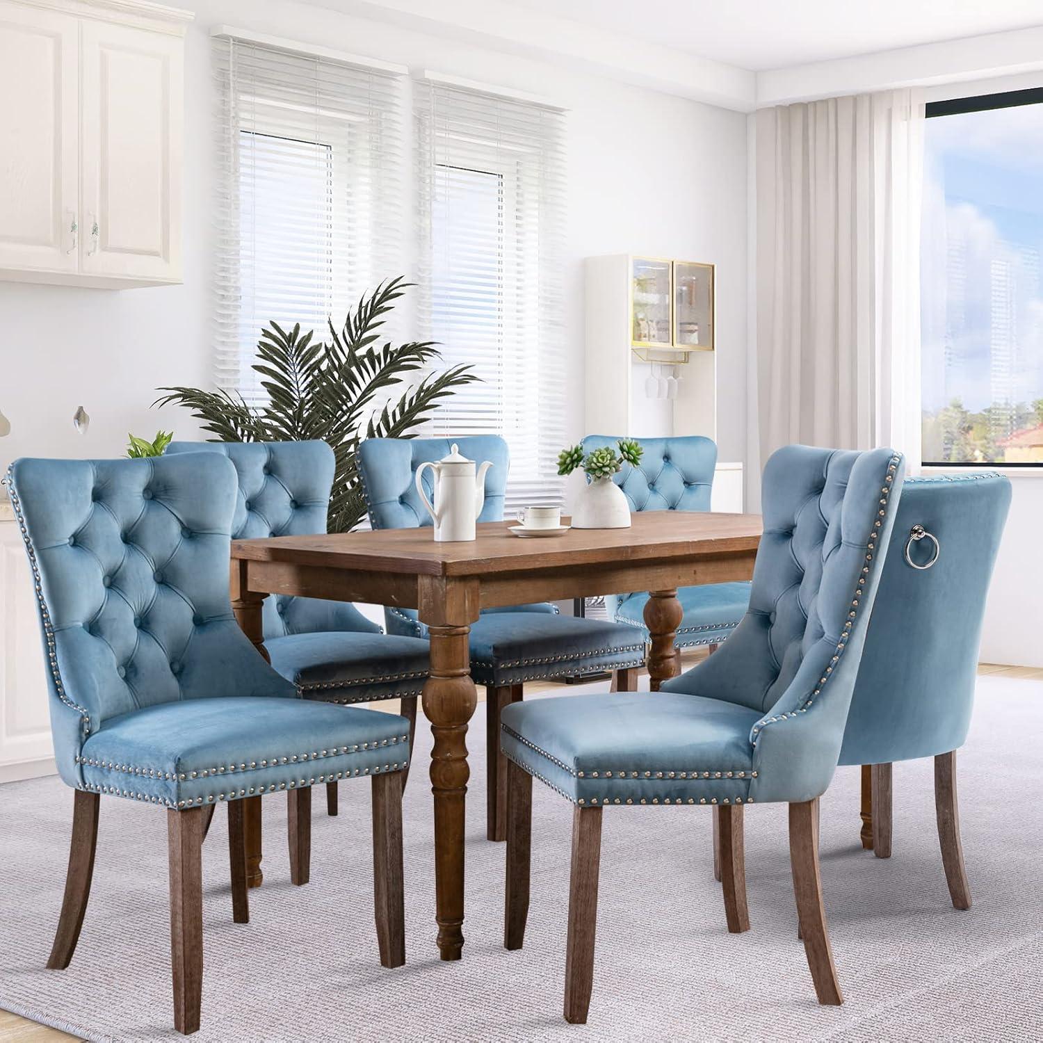 SoarFlash Velvet Dining Chairs Set of 6, Tall Back Side Chair, Modern Upholstered High-end Tufted Side Chair with Button Back Ring, Solid Wood Legs (Sky-Blue)