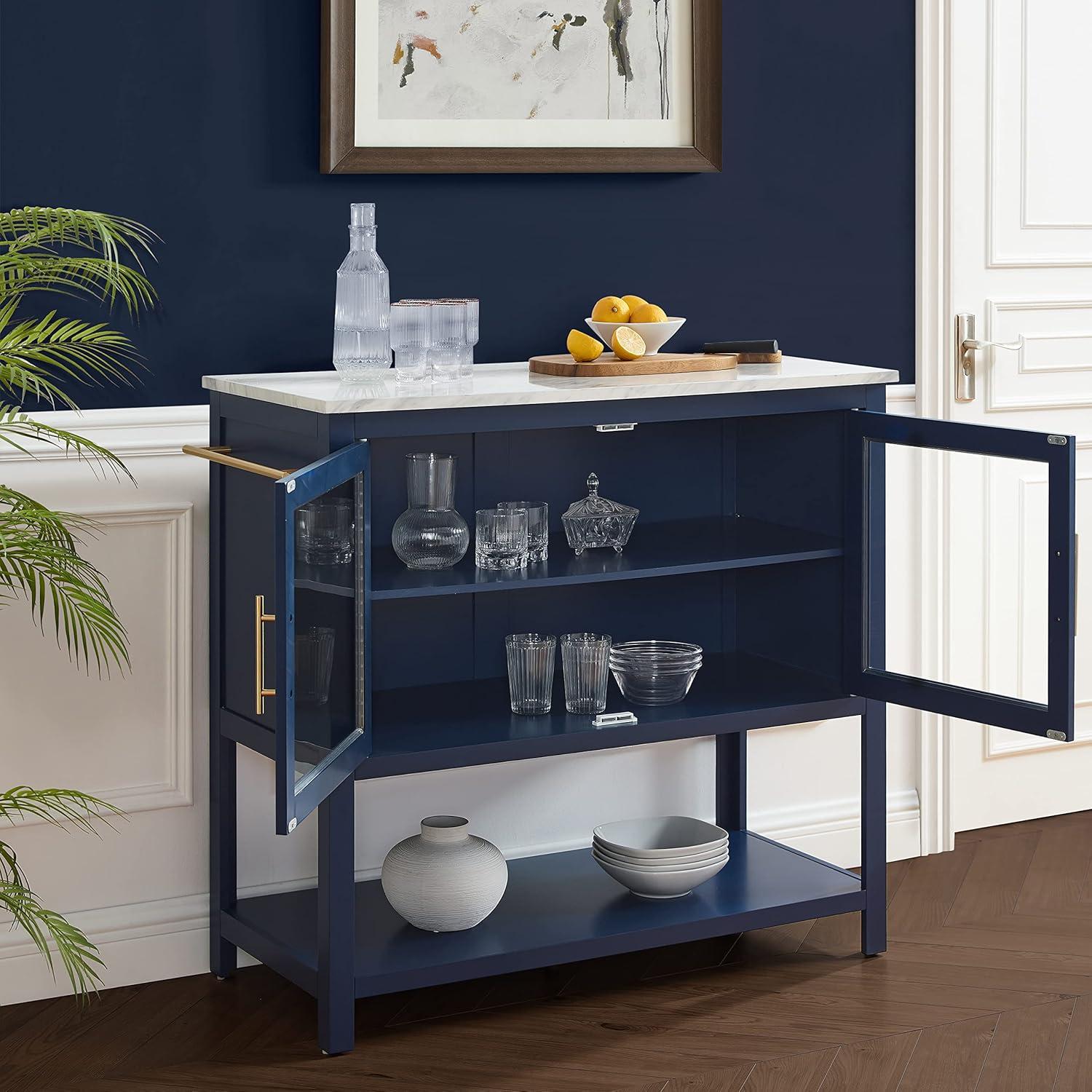 Katrina Kitchen Island Navy/White Marble - Crosley: Faux Marble Top, Glass Doors, Towel Bars