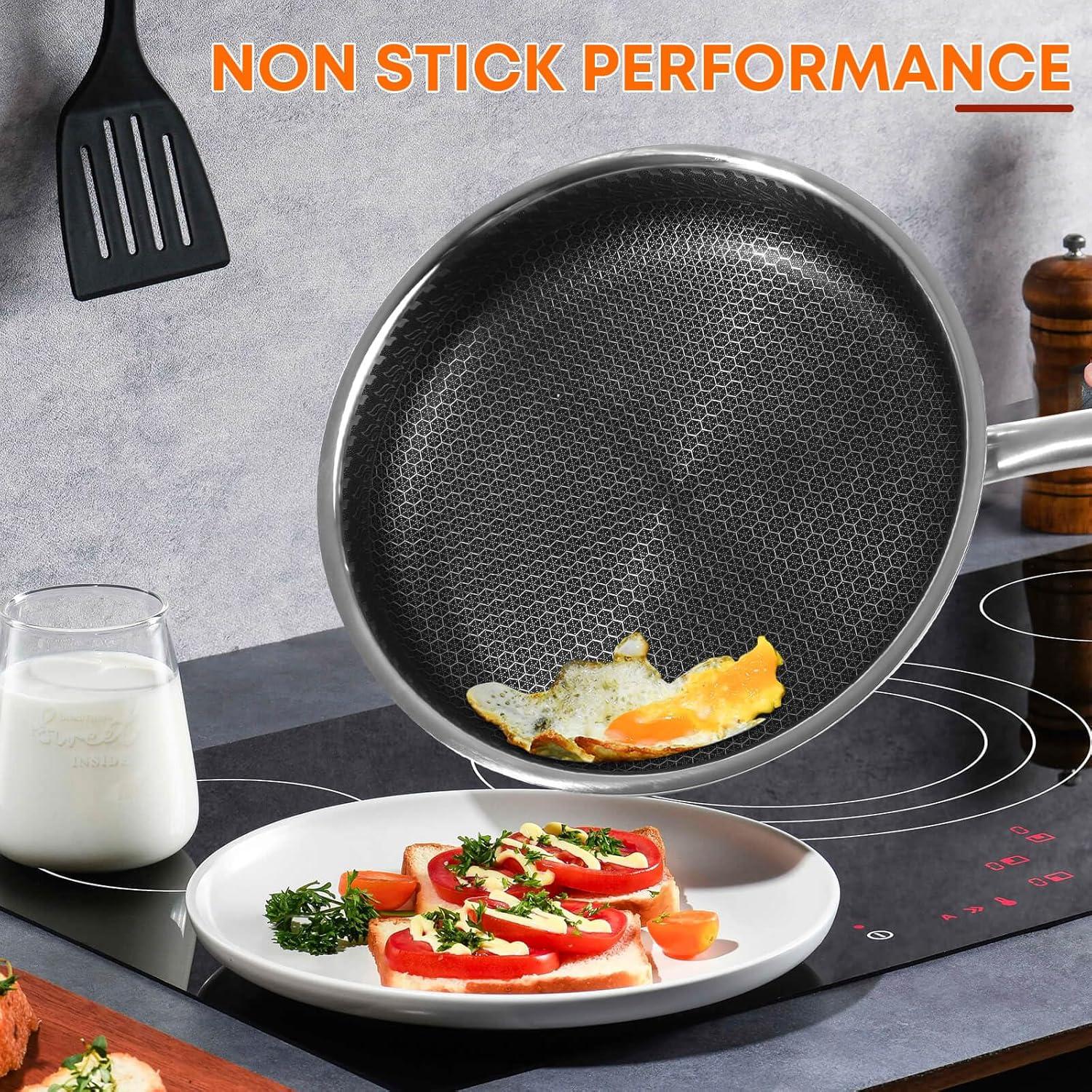 12 Inch Frying Pan with Lid, Whole body Tri-Ply Stainless Steel Skillet for Gas Electric Induction Ceramic Stoves and Oven