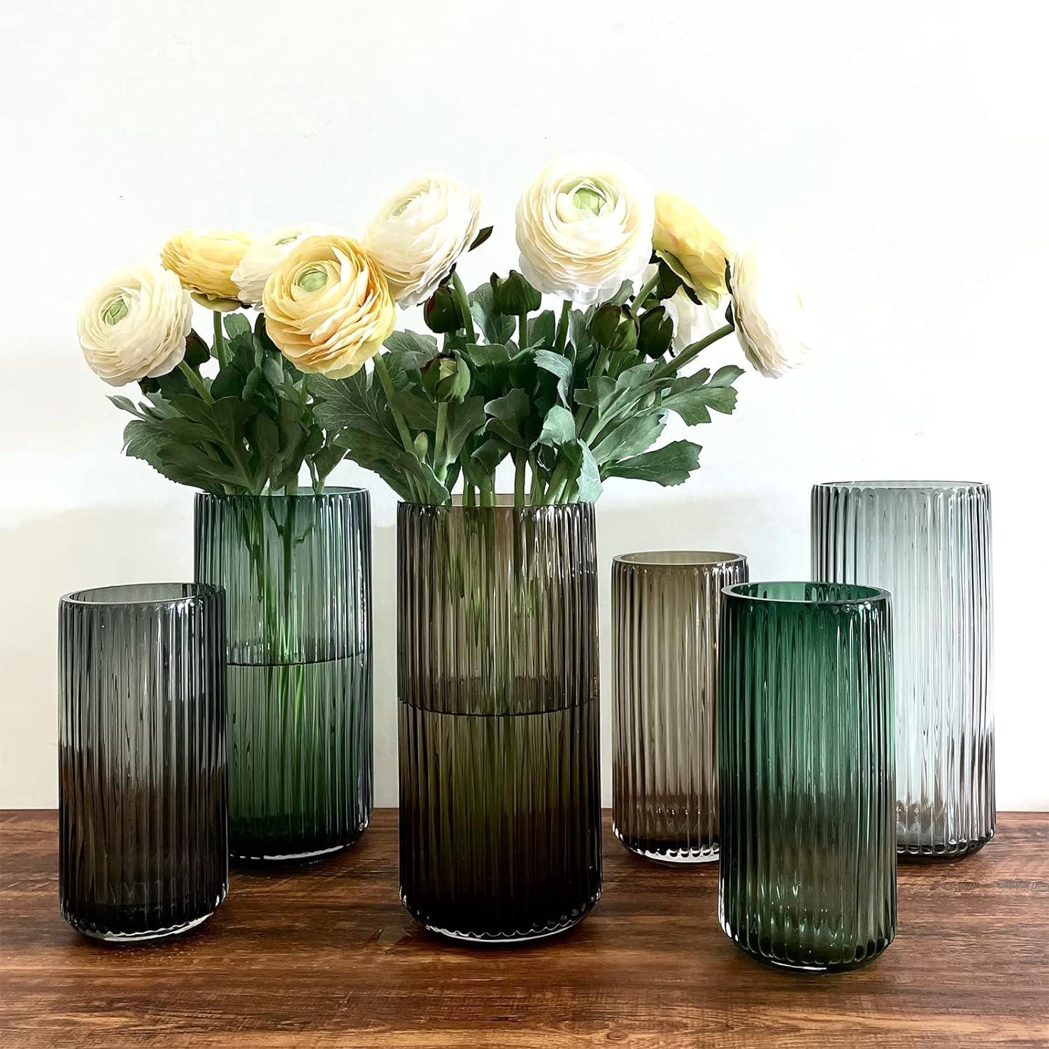 Hand Blown Ribbed Green Glass Decorative Vase