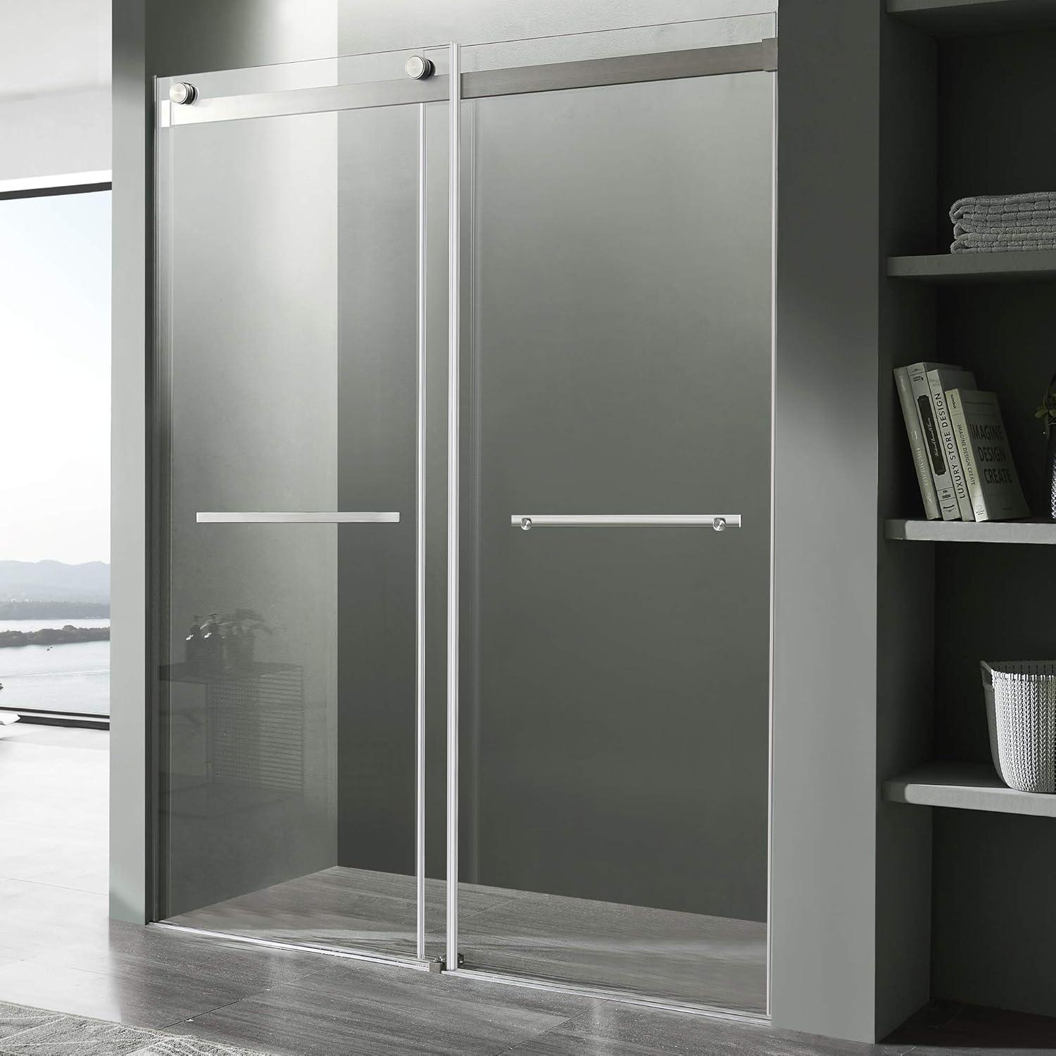 76" H x 60" W Sliding Frameless Shower Door Clear Glass Brushed Kahn Series