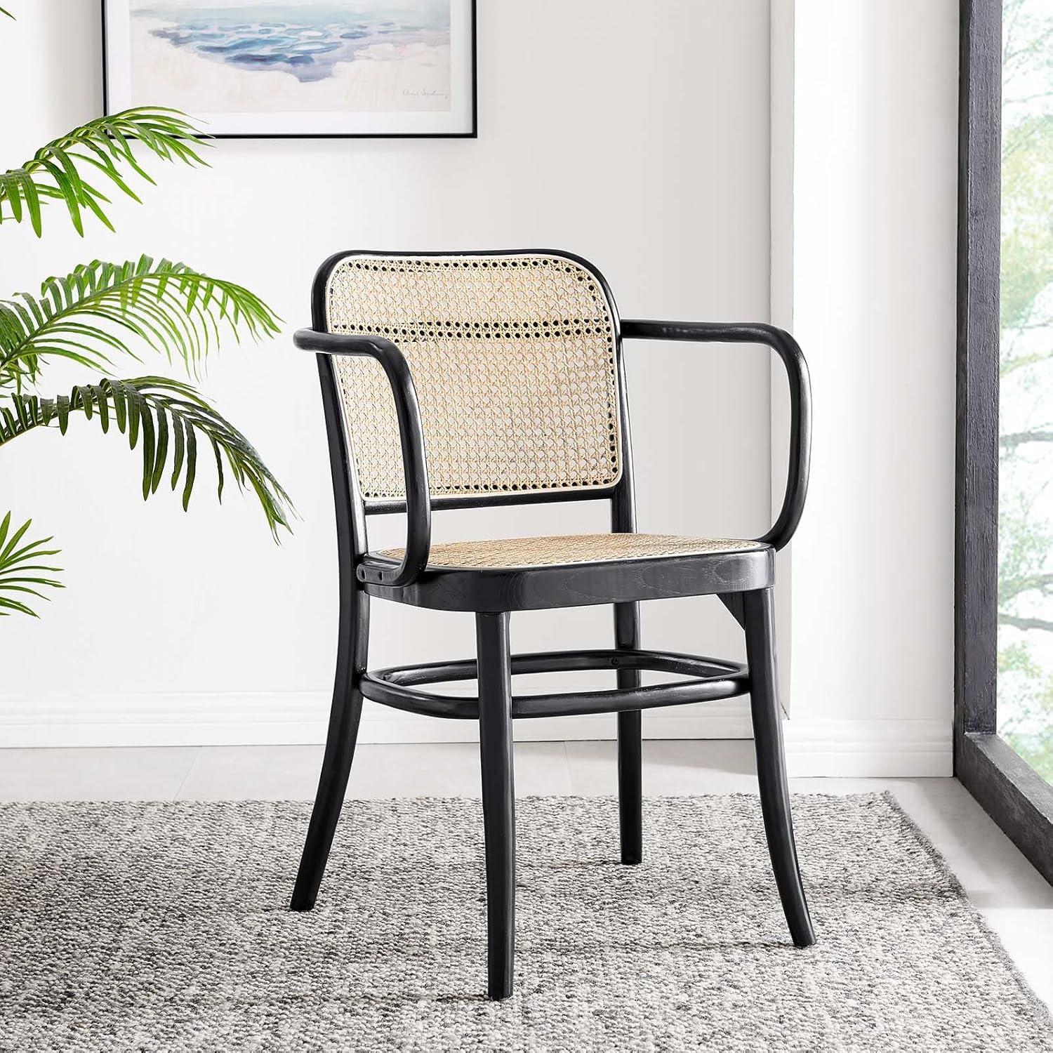 Modway Winona Elm Wood Dining Chair with Cane Rattan Seat in Black 21 x 22.5 x 32