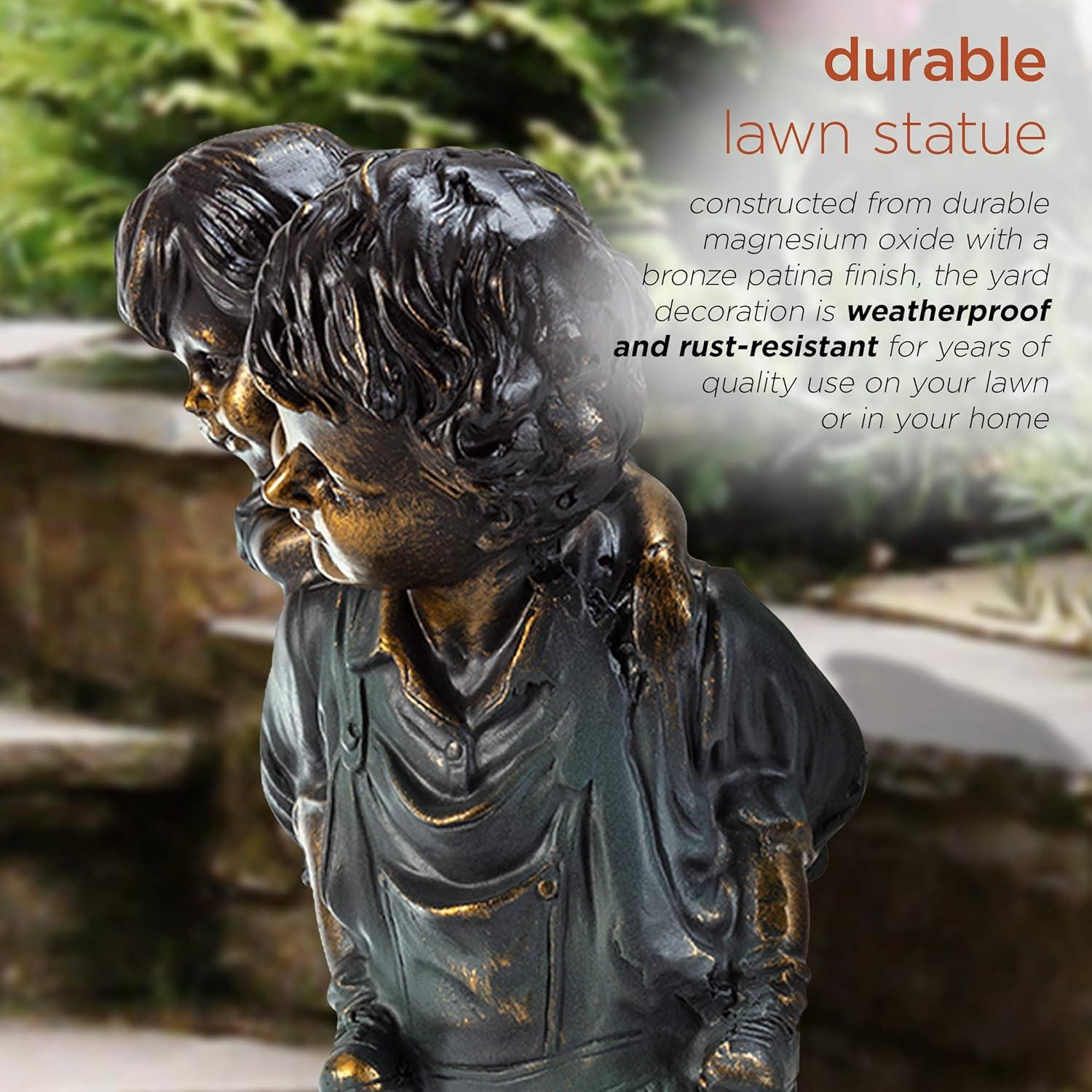 Alpine Corporation 16" Polyresin Girl and Boy with Dog Sitting on Bench Sculpture Bronze: Durable Outdoor Decor, Magnesium Oxide, Rust-Resistant