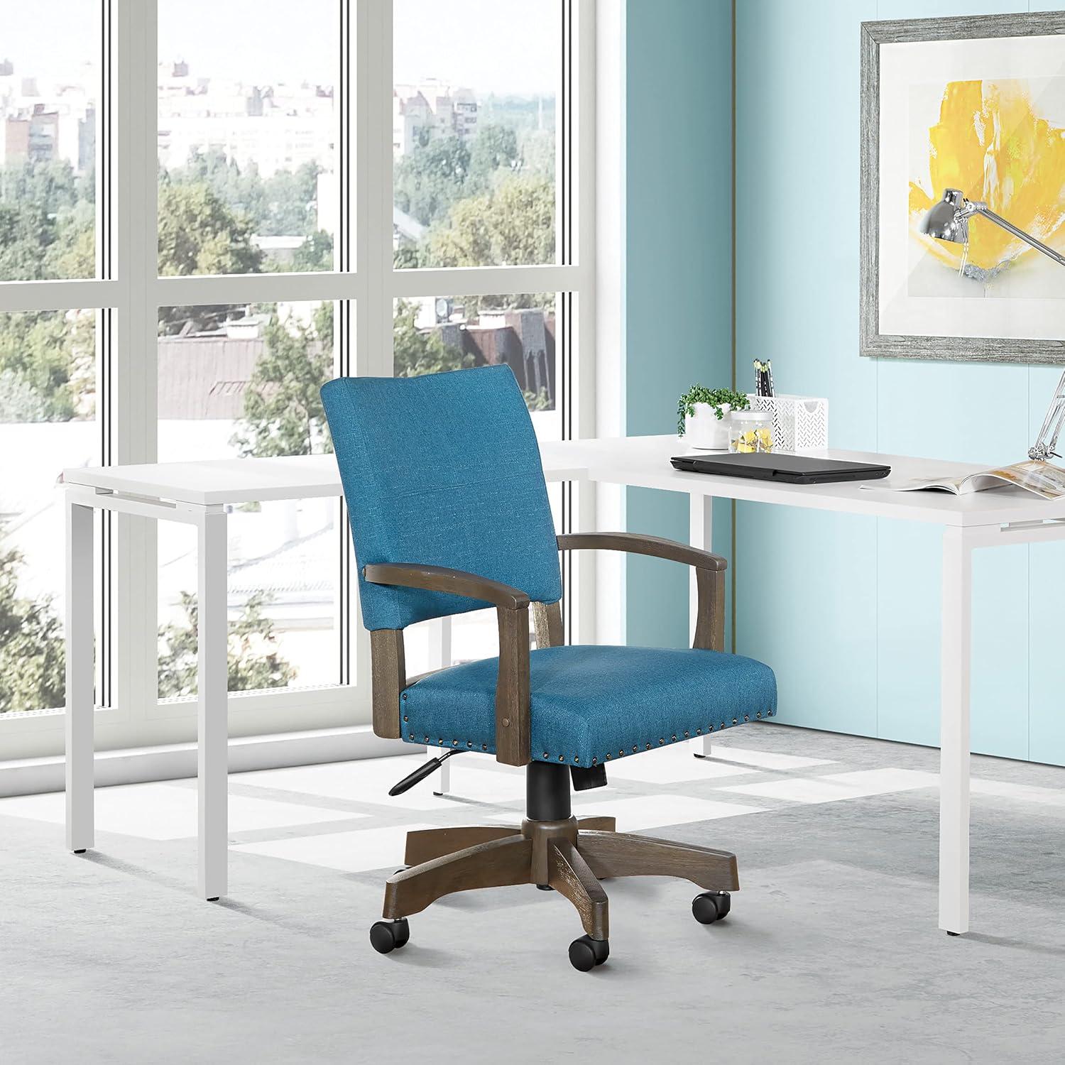 Deluxe Blue Fabric Banker's Swivel Chair with Wood Accents