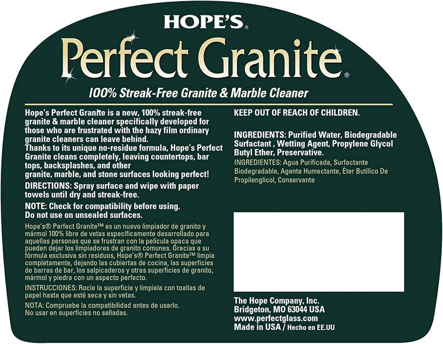 HOPE'S Perfect Granite & Marble Countertop Cleaner with Microfiber Cloth, Stain Remover and Polish, Streak-Free, Ammonia-Free, 22 Ounce, Pack of 1 with Microfiber Cloth