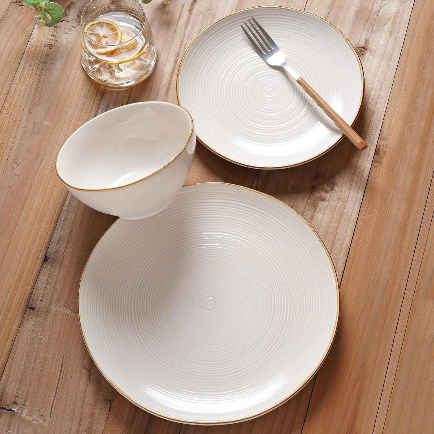 Plates and Bowls Sets for 4, 12 Pieces Stoneware Dinnerware Sets, Dishes Set, Reactive Glaze Dishware Sets, Dishwasher & Microwave Safe, Tempus Series - Antique White