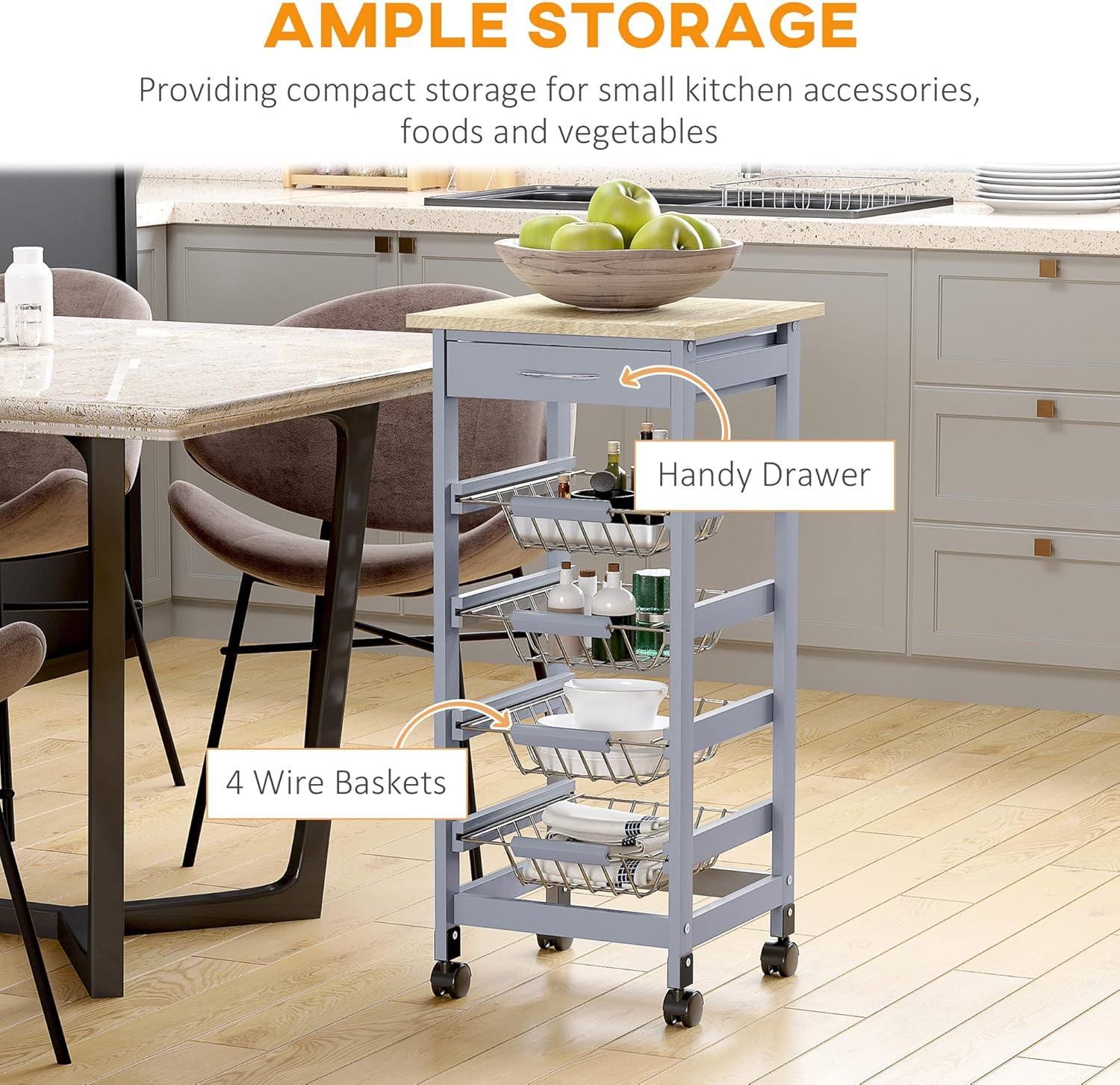 HOMCOM 32.25" Wooden Rolling Kitchen Storage Cart, Trolley Cart on 360° Swivel Wheels with Storage Drawer, Gray