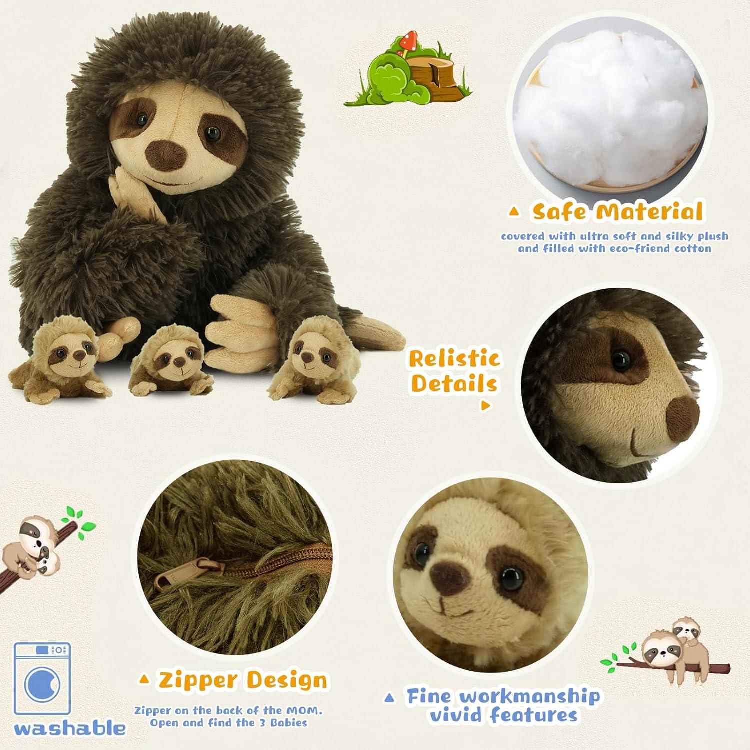 Brown Plush Sloth with 3 Baby Sloths, 11" Washable Toy