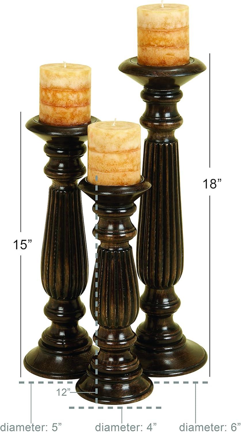 Olivia & May Traditional Candle Holder Set of 3 - Brown : Mango Wood, Elegant Tabletop Decor