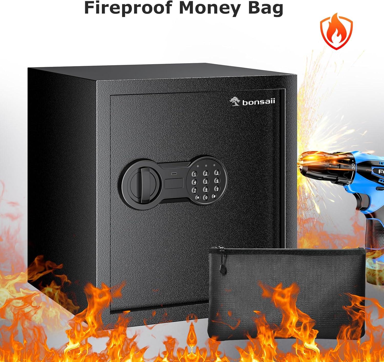 Bonsaii Security Safe Box with Money Bag, 1.28 Cubic Feet Large Document Safe Box for Home, Digital Keypad Lock, Removable Shelf for Money, Medicine, Valuables, 12.99 x 14.17 x 12.99 Inches