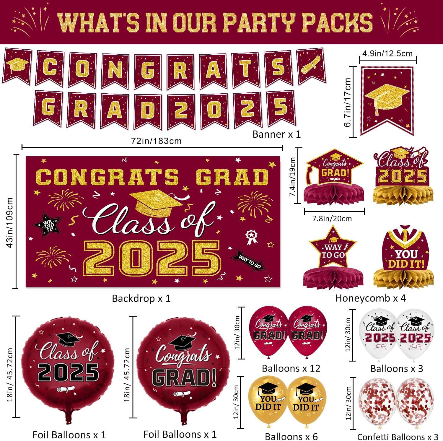 2025 Graduation Party Decoration, Red Gold Themed Set with Congrats Grad Banner, Balloons, Foil Number 2025 for Class of 2025 Graduation Party Supplies