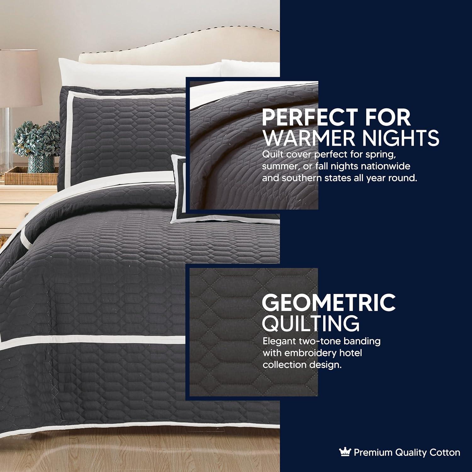 Elegant Gray Microfiber Queen Quilt Set with Geometrical Embroidery