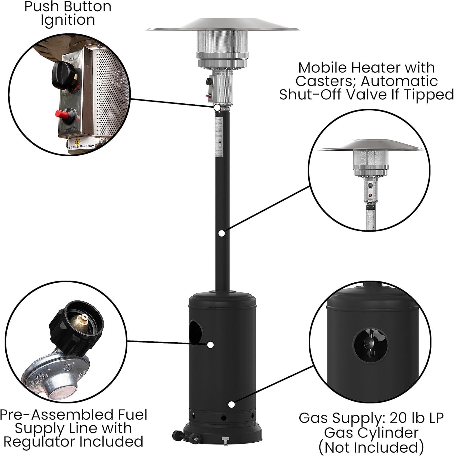 Sol 7.5' Stainless Steel Outdoor Patio 40,000 BTU Propane Heater with Wheels for Commercial & Residential Use