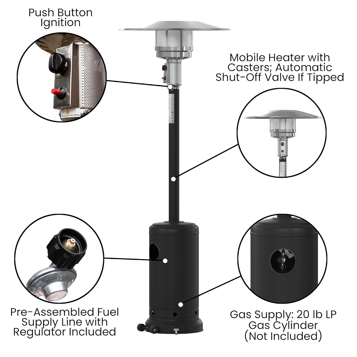 Flash Furniture Sol 7.5' Stainless Steel Outdoor Patio 40,000 BTU Propane Heater with Wheels for Commercial & Residential Use