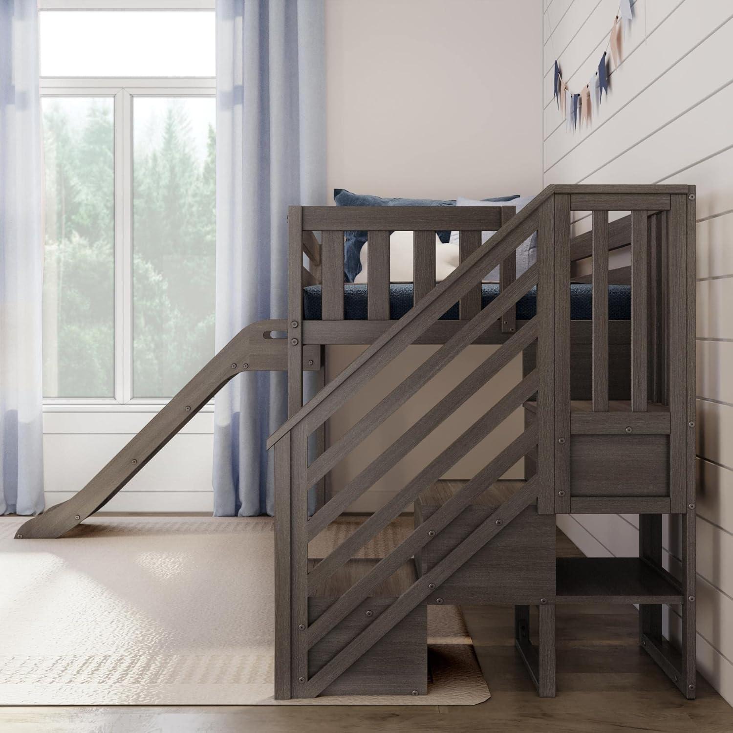 Max & Lily Twin Loft Bed with Stairs, Solid Wood Loft Beds with Ladder for Kids, Clay