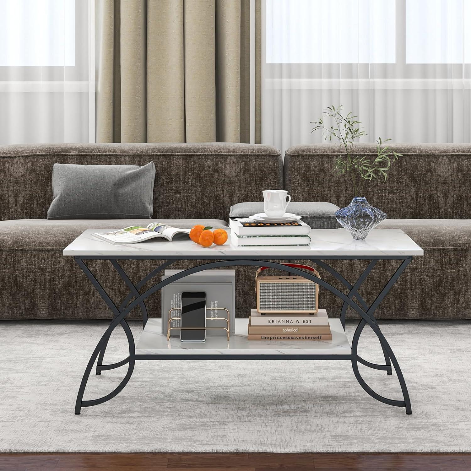 Kepooman Coffee Table,Center Table, Modern Sofa Table Tea Table,2-Tier Faux Marble Coffee Table with Marble Top and Metal Frame-Black & White