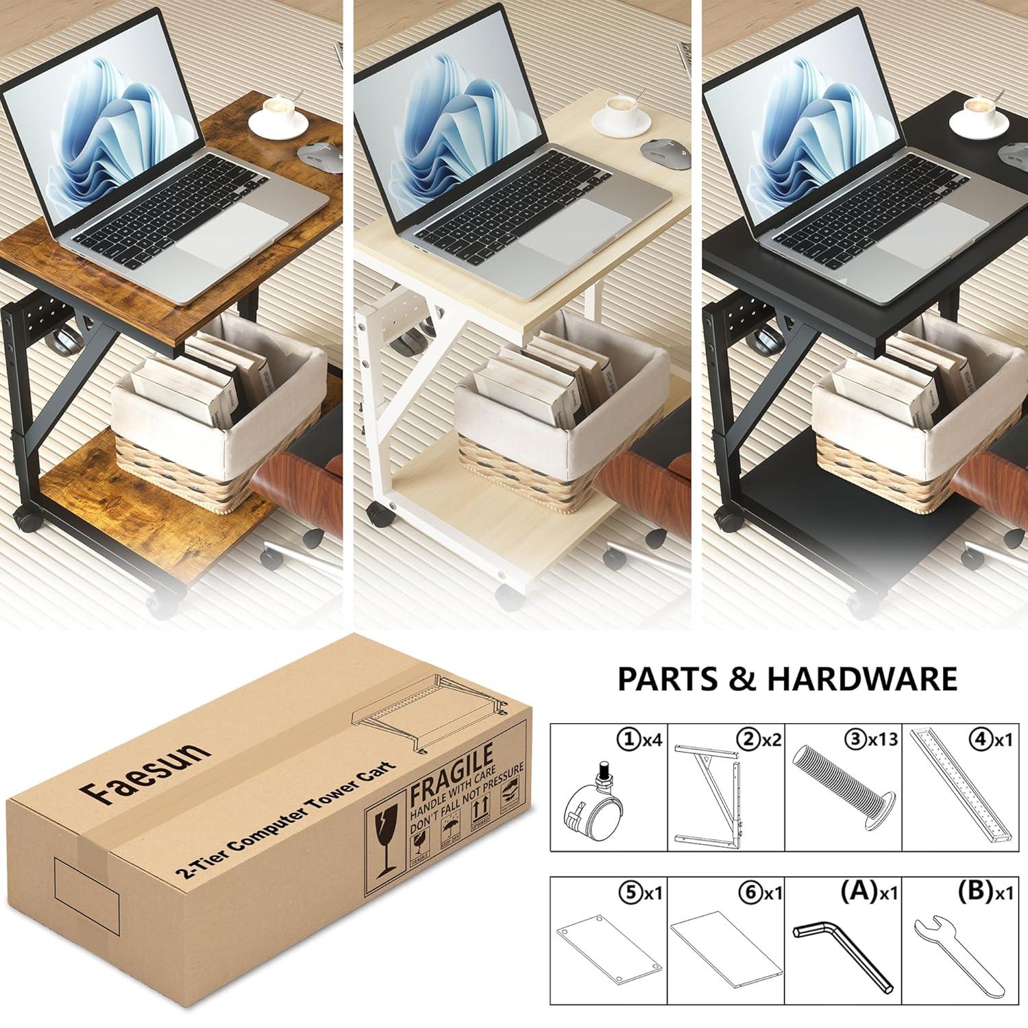 Computer Tower Cart - Height Adjustable PC Stand, 2-Tier ATX-Case CPU Holder Home Office Gaming Desk Accessories with Rolling Lockable Wheels, Laptop Table Standing Computer Desk, Rustic Black