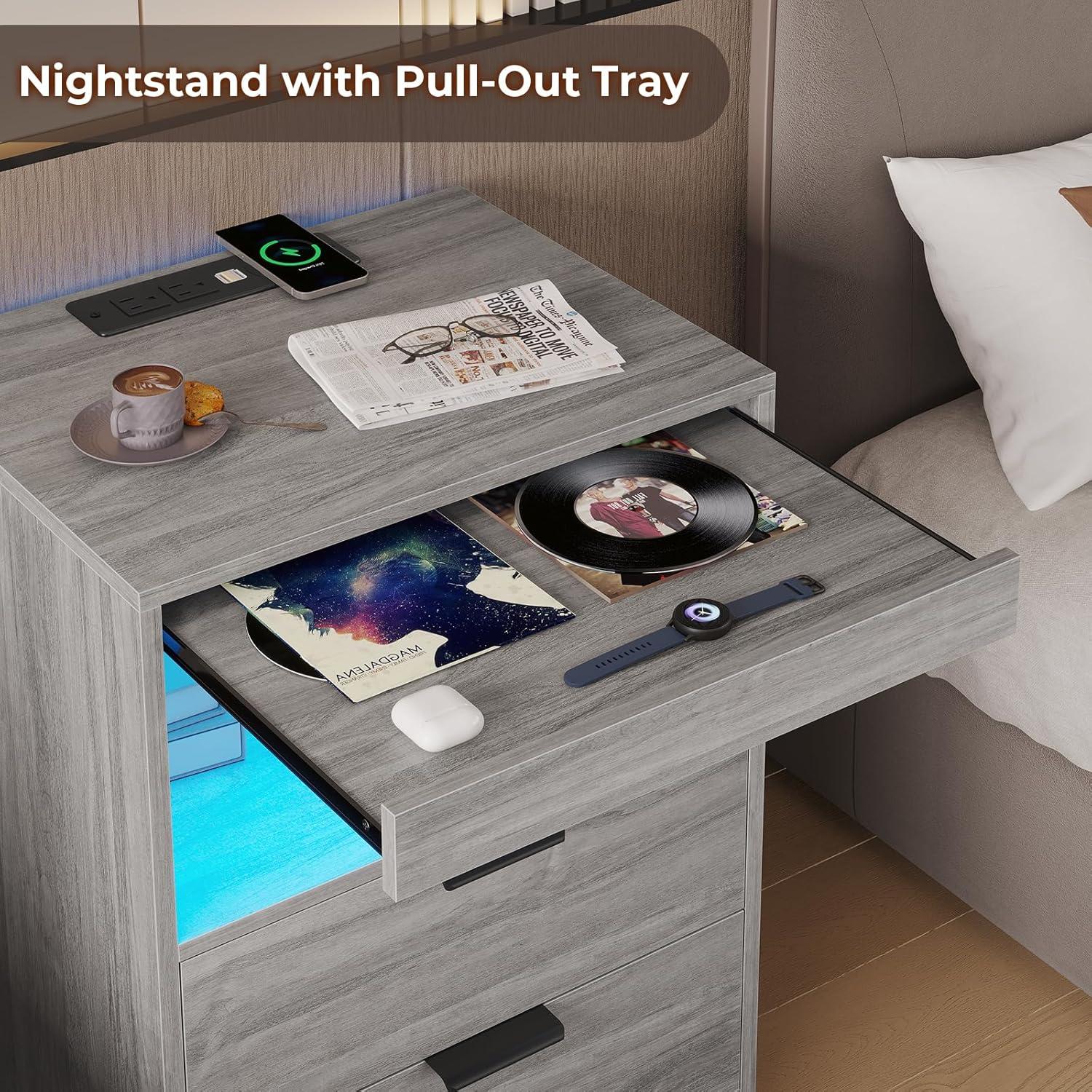 Exlonjet Black Nightstand with Wireless Charging Station and LED Lights, Bedside Table with 2 Drawers, Open Storage, 1 Pull-Out Tray, End Side Table with Charging Station, LED Night Stand with Storage