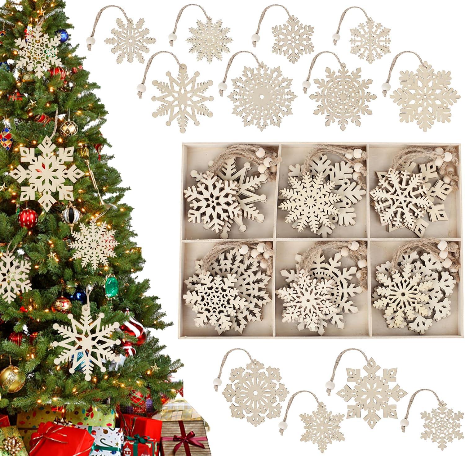 Unfinished Wooden Snowflakes Ornaments, 36Pcs Christmas Tree Hanging Decoration Wood Cutouts DIY Craft Snowflake Shaped Embellishments Xmas Rustic Crafts with Twine (4 inch)