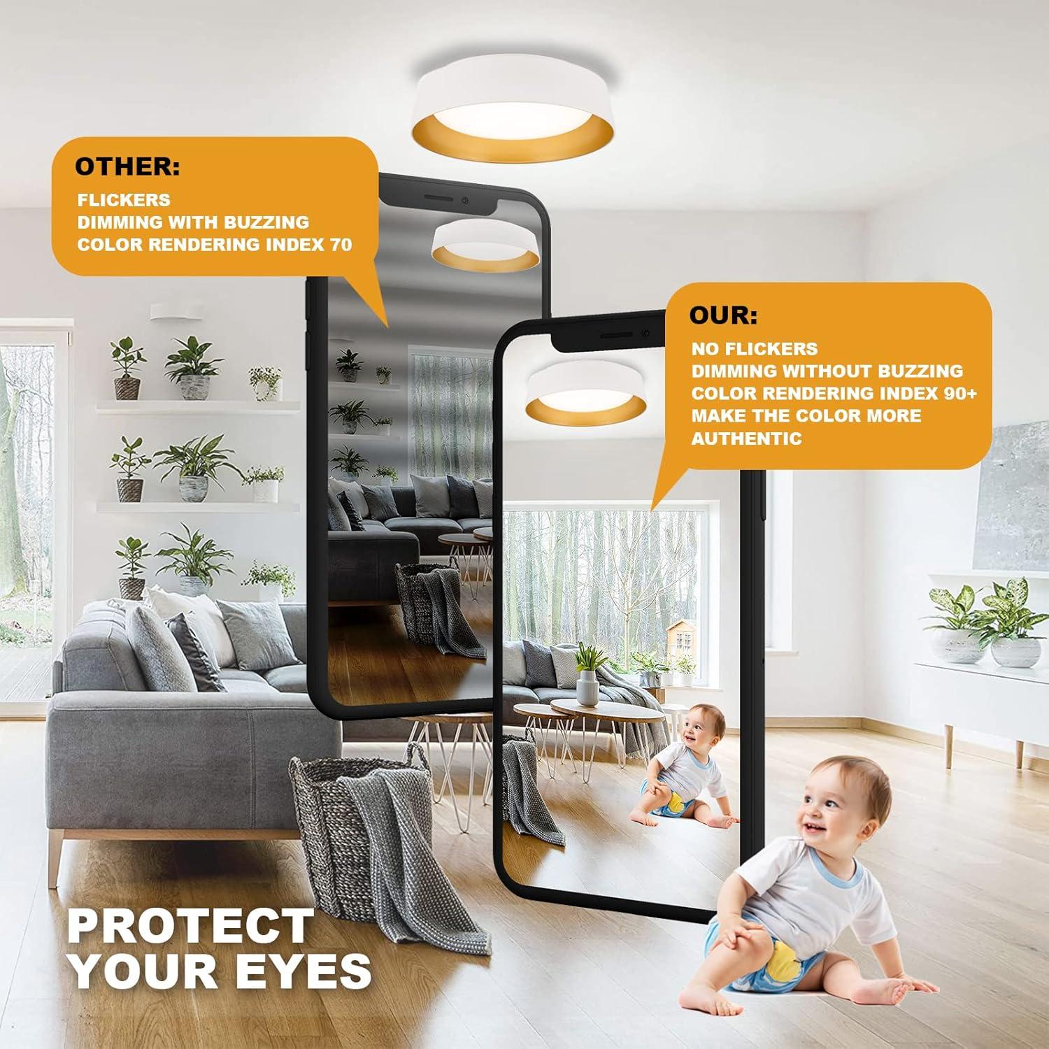 12.5 Inch LED Flush Mount Ceiling Light Fixture, 26W, Super Bright 1350 Lumen, 3 Color 3000K/4000K/5000K, Matt White with Gold Inside, Dimmable Ceiling Lamp for Bedroom Hallway Bathroom Outdoor