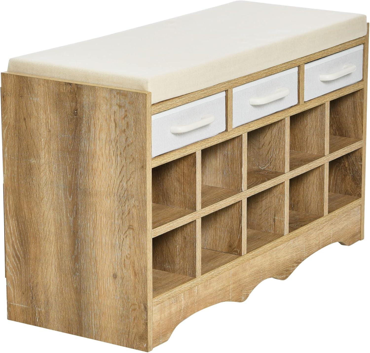 Household Essentials Entryway Storage Bench with 3 Beige Drawers 10 Shoe Compartments and Cushioned Seat in Coastal Oak Rustic Wood Grain
