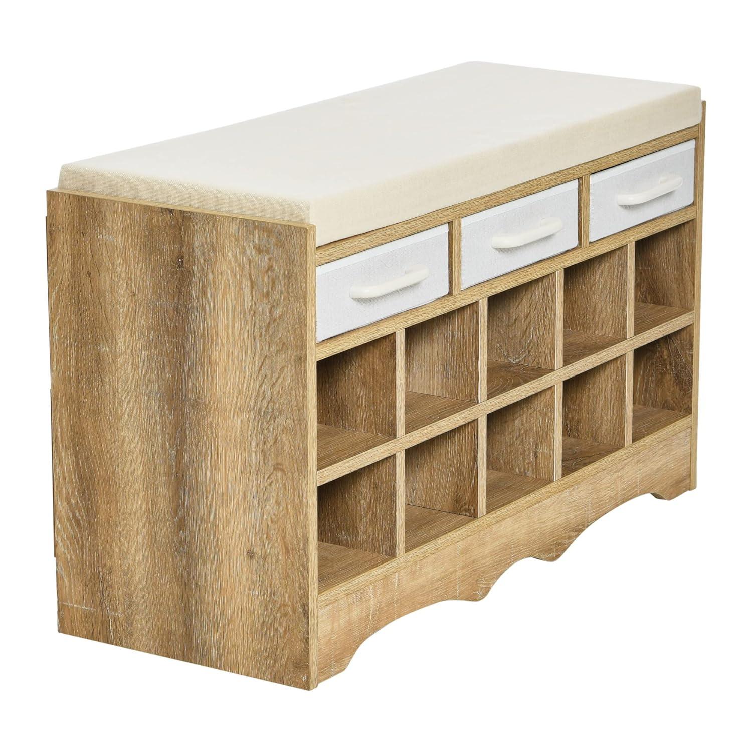 Household Essentials Entryway Storage Bench with 3 Beige Drawers 10 Shoe Compartments and Cushioned Seat in Coastal Oak Rustic Wood Grain