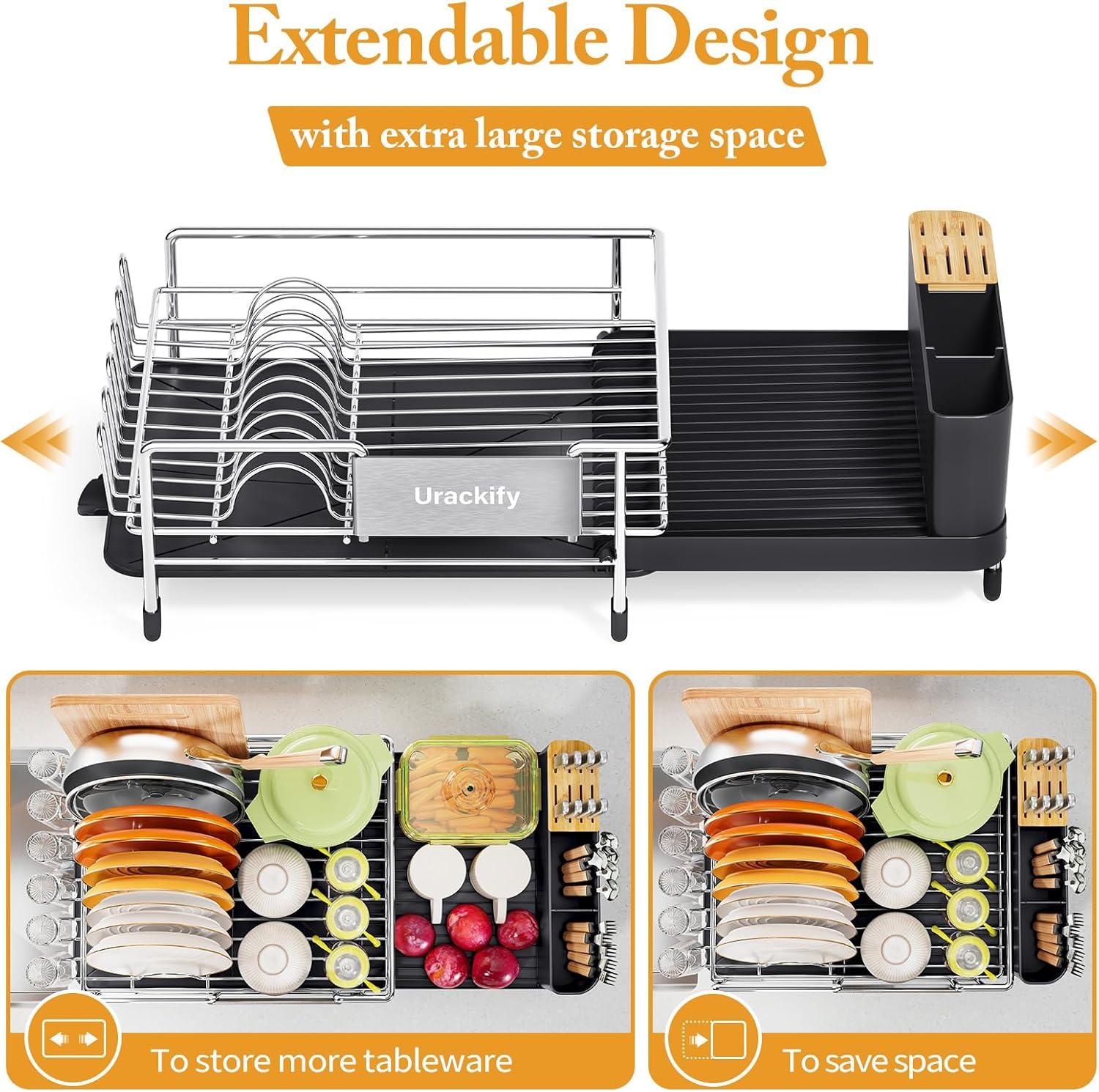 Expandable Stainless Steel Dish Rack with Utensil Cup and Drainboard