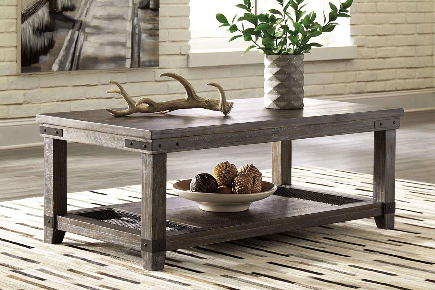 Danell Ridge Rectangular Cocktail Table Brown - Signature Design by Ashley: Solid Pine, Iron-Tone Brackets, Storage Shelf