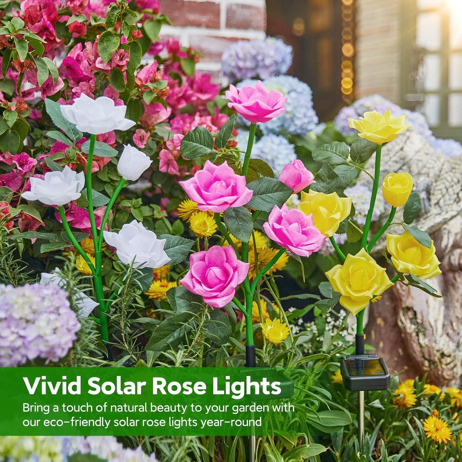 Multicolor LED Solar Garden Lights with Fabric Rose Flowers