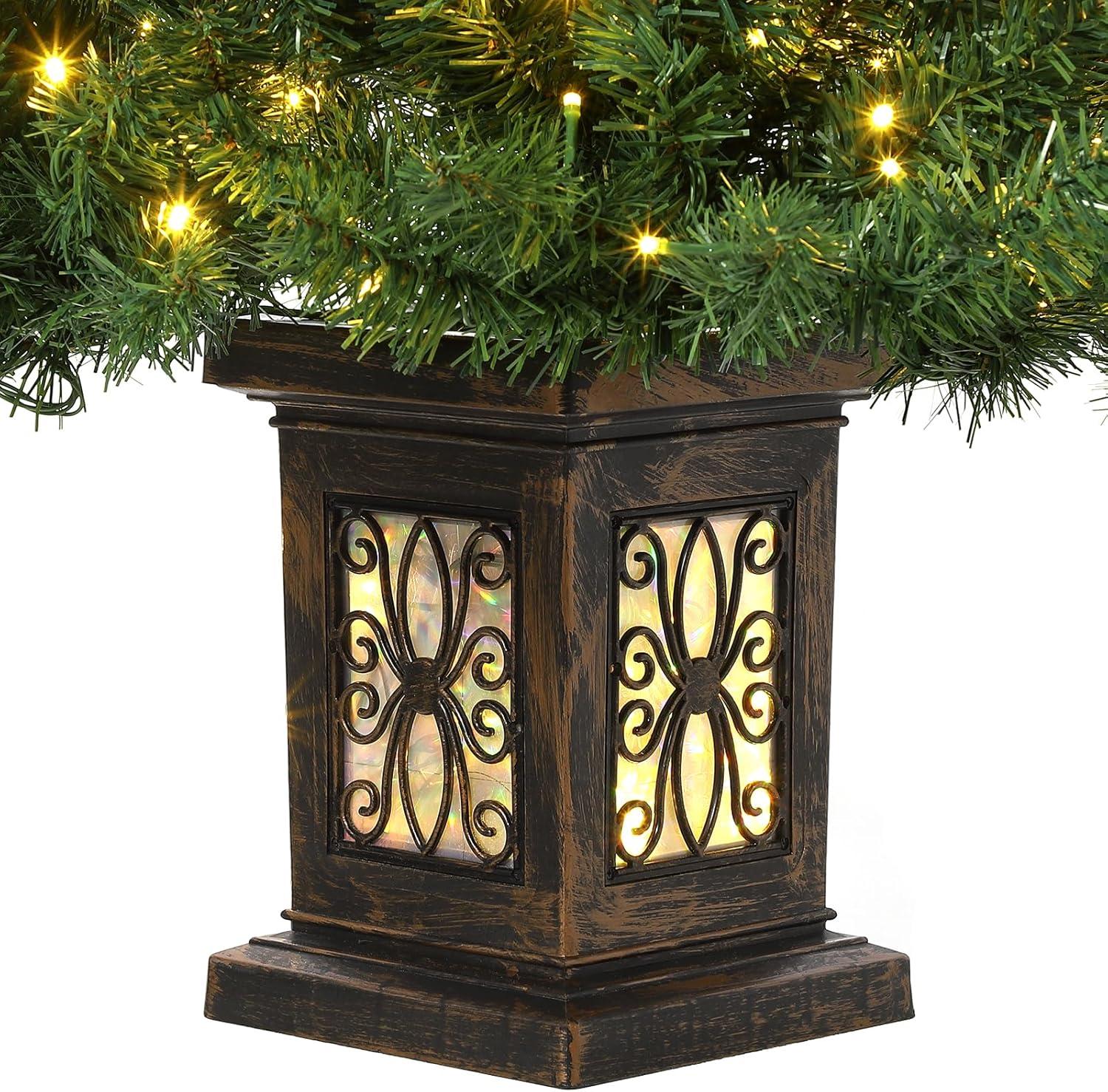 FOLDLIFE 4.5ft Artificial Fiber Optic Christmas Tree with 300 LED Lights and 8 Lighting Modes, Pre-Lit Christmas Tree with Metal Hinges and Antique Urn Base