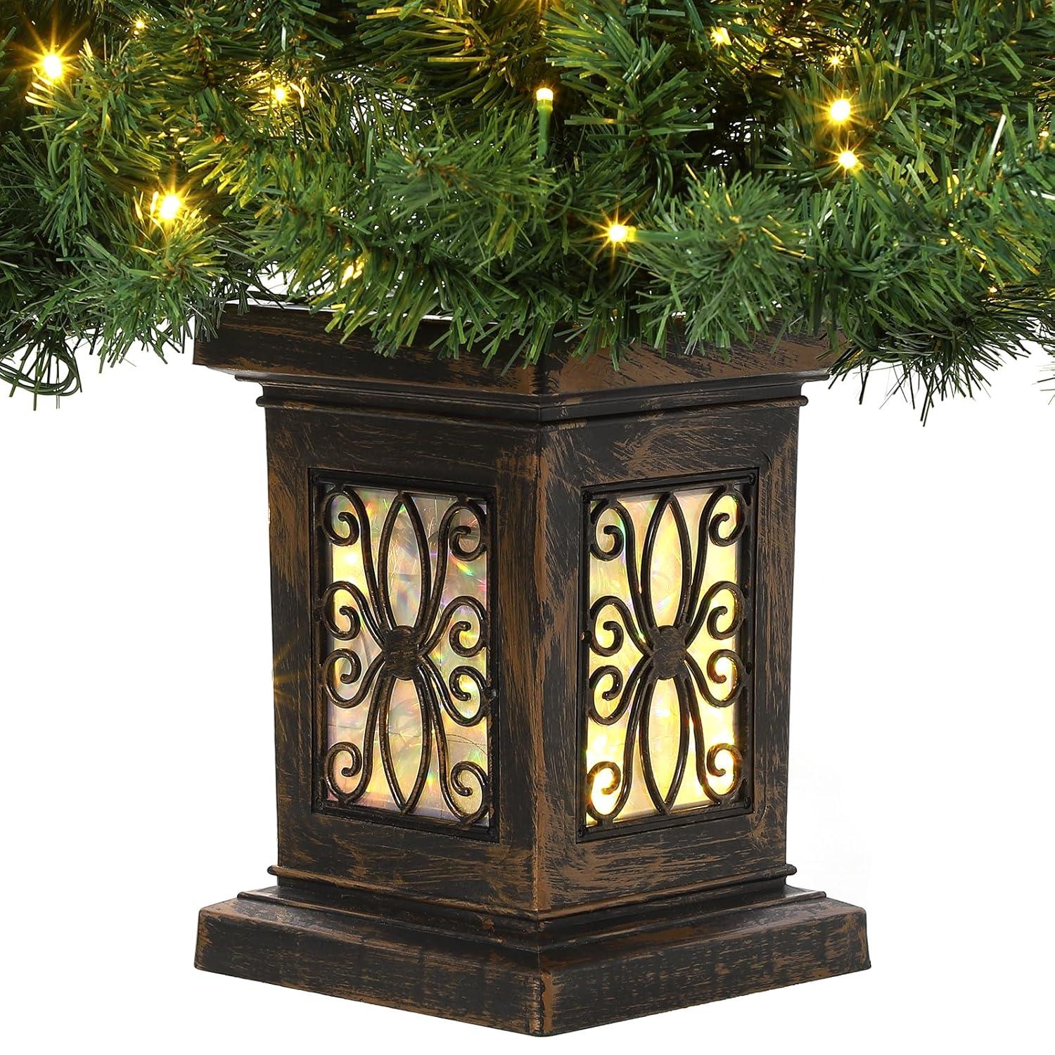 FOLDLIFE 4.5ft Artificial Fiber Optic Christmas Tree with 300 LED Lights and 8 Lighting Modes, Pre-Lit Christmas Tree with Metal Hinges and Antique Urn Base