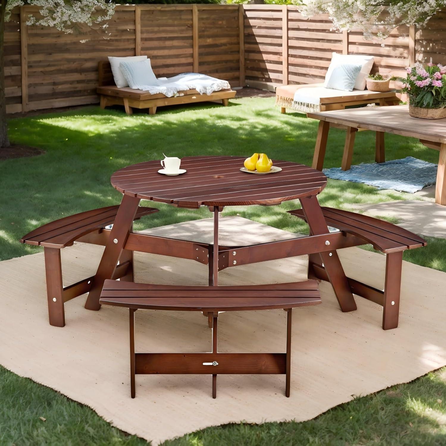 6 Person Wood Picnic Table, Outdoor Round Picnic Table with 3 Built-in Benches, Umbrella Hole, Outside Table and Bench Set for Patio, Backyard, 500lbs Capacity Per Bench (Brown)