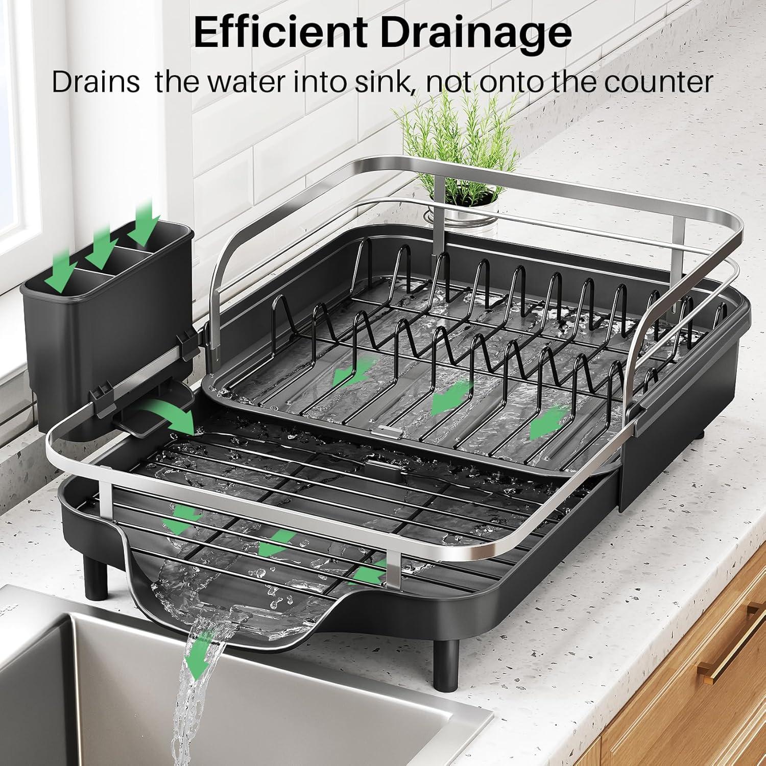Fabhob Expandable Dish Rack for Kitchen Counter, Stainless Steel Dish Drainer with Drainboard Set and Utensil Holder