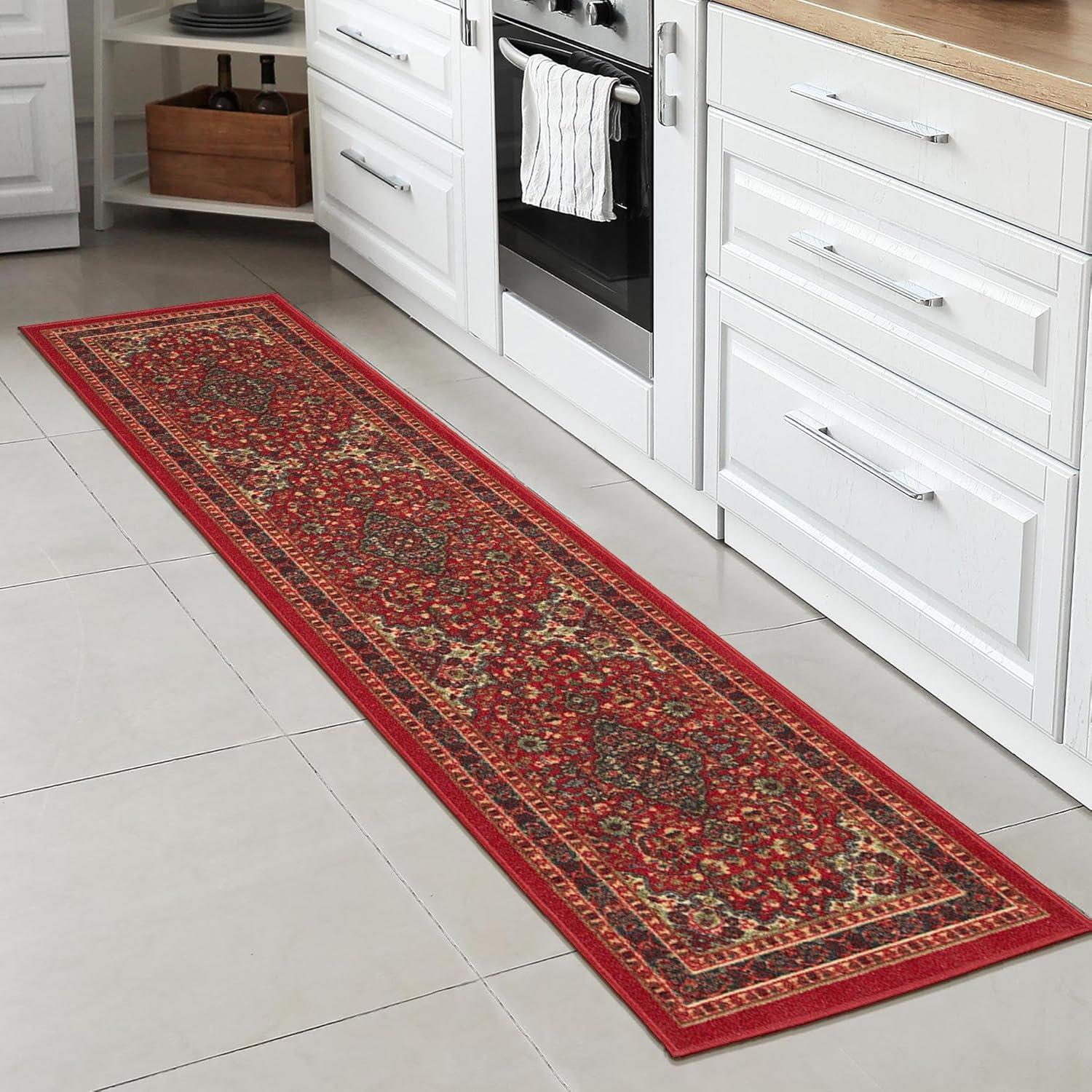 Elegant Red Oriental Runner Rug with Non-Slip Rubber Backing, 59"L x 20"W